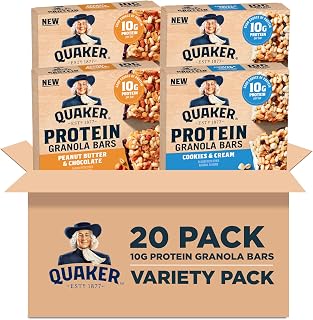 Quaker Protein Granola Bars Variety Pack: 10g Protein, Peanut Butter Chocolate & Cookies Cream, 20 Chewy 1.41oz Bars