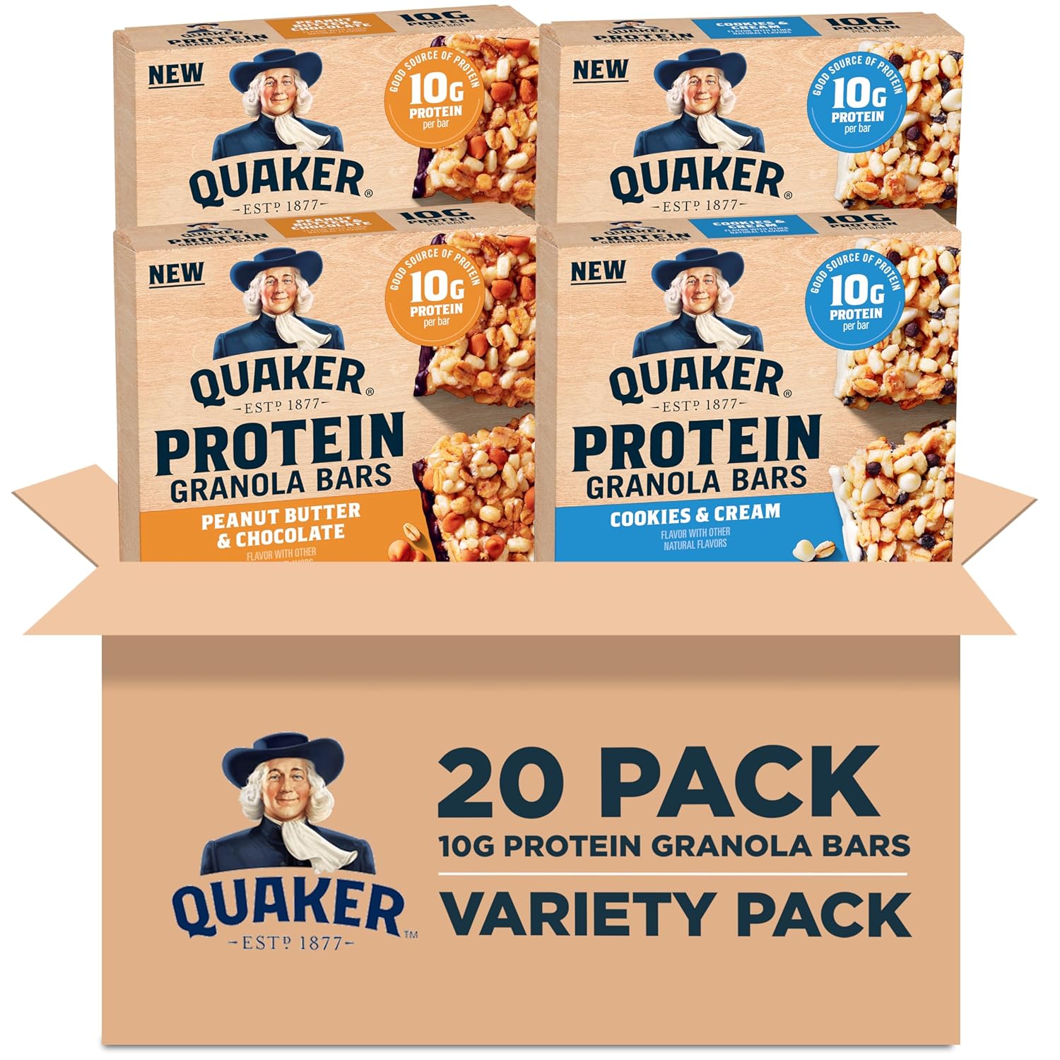 Quaker Protein Granola Bars, 2 Flavor Variety Pack, 10g Protein, 1.41 oz Bars, 20ct Quaker Protein Granola Bars, 2 Flavor Variety Pack, 10g Protein, 1.41 oz Bars, 20ct