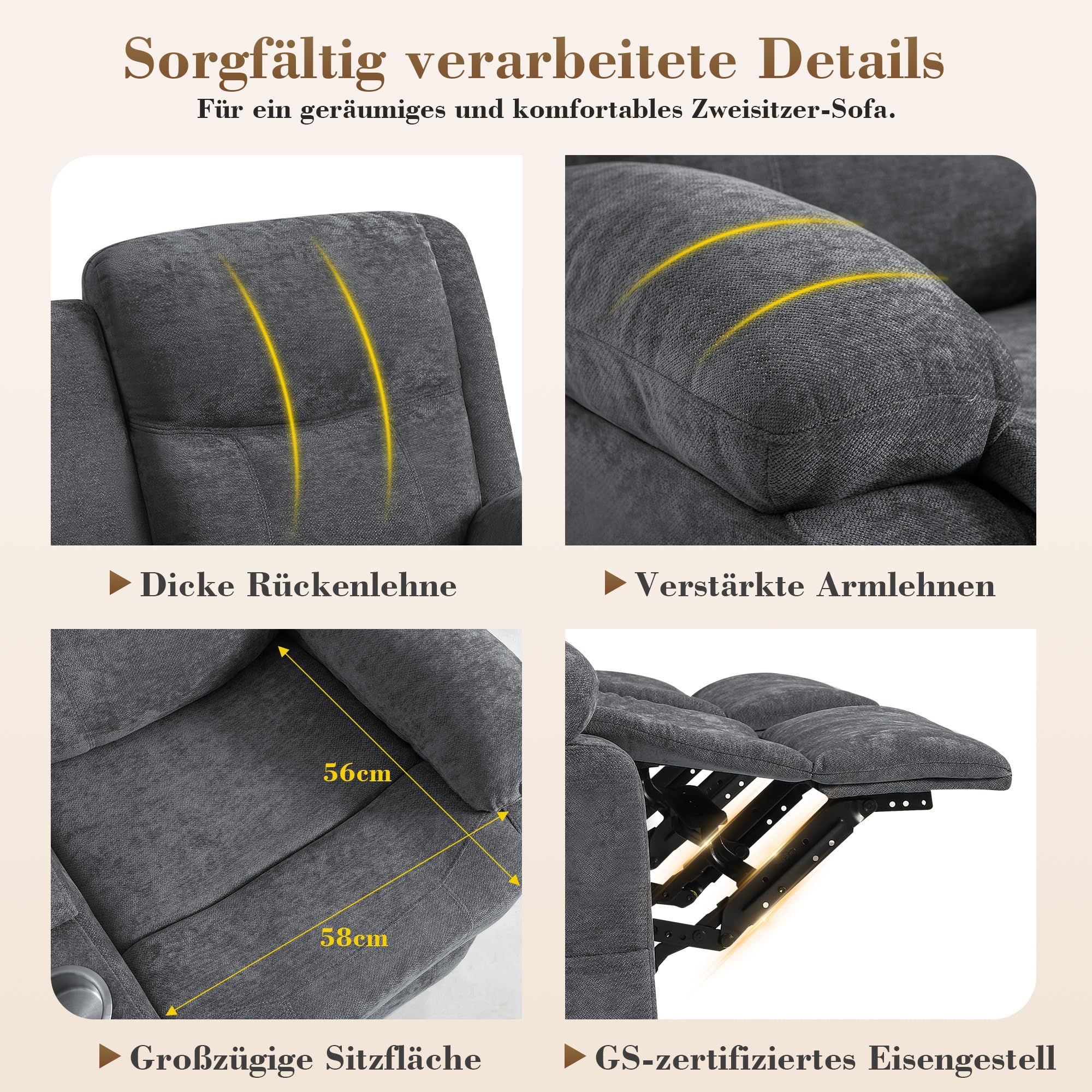 2er Kinosessel Relaxsessel mit Liegefunktion, 2 Sitzer Fernsehsessel TV Sessel mit Konsole, Steckdose und Schublade, zweisitzer Sofa mit Chenille-Optik für Wohnzimmer (Grau, 175 cm Zweisitzer)