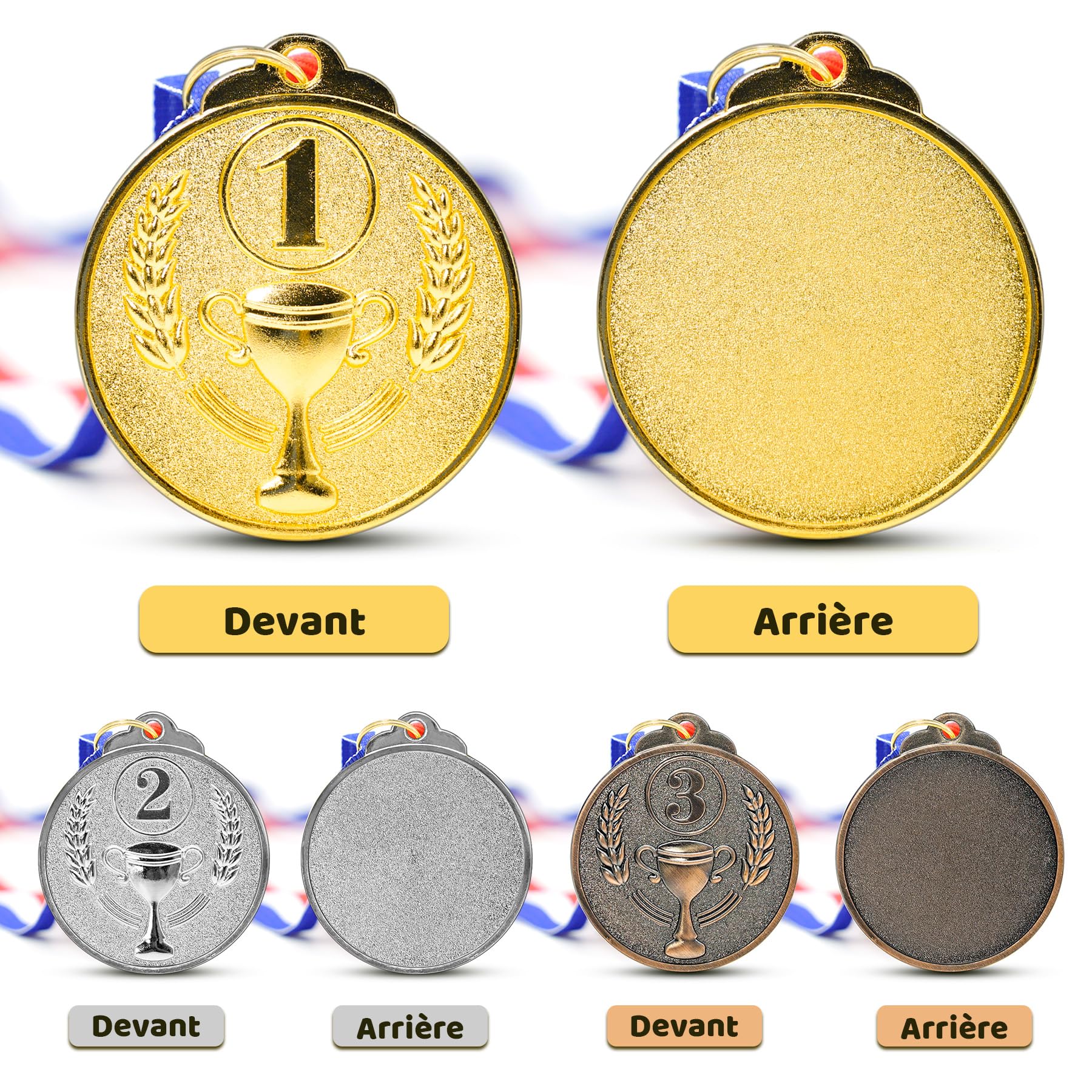 Brelet 36 pcs Medailles d'or Médaille d'argent Médaille de Bronze en Métal avec Rubans de Cou Medaille Foot Anniversaire Ski Travail Sport pour Recompense Sport Day Diamètre env. 5 cm