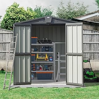 RITSU Outdoor Storage Shed, Outdoor Garden Shed for Bike, Trash Can, Machine, Galvanized Steel, Outdoor Shed with Lockable Door for Backyard, Patio, Lawn (5.7x3ft, Black)