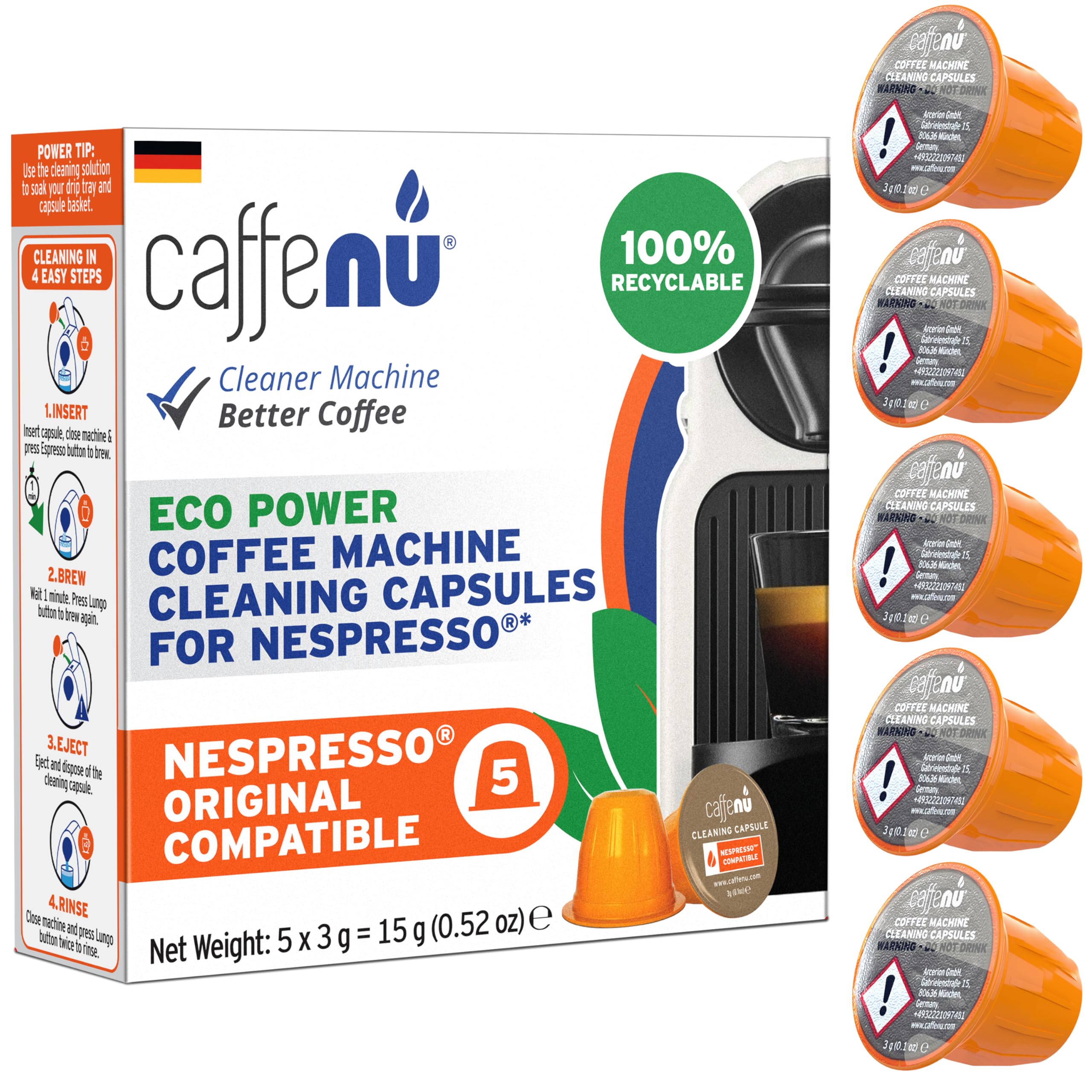 Caffenu Nespresso Original kompatible Reinigungskapseln | Entfernt alte Kaffeeöle | Für besseren Kaffeegeschmack | 5 Stück