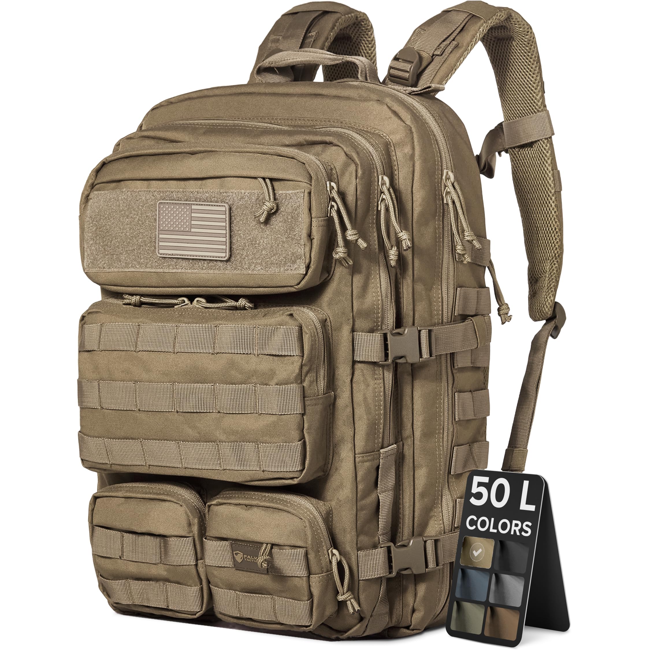 Falko Tactical Backpack for Men and Women 50L Backpack 2.4x Stronger Large Military Molle Rucksack, Bugout Backpack Outdoors