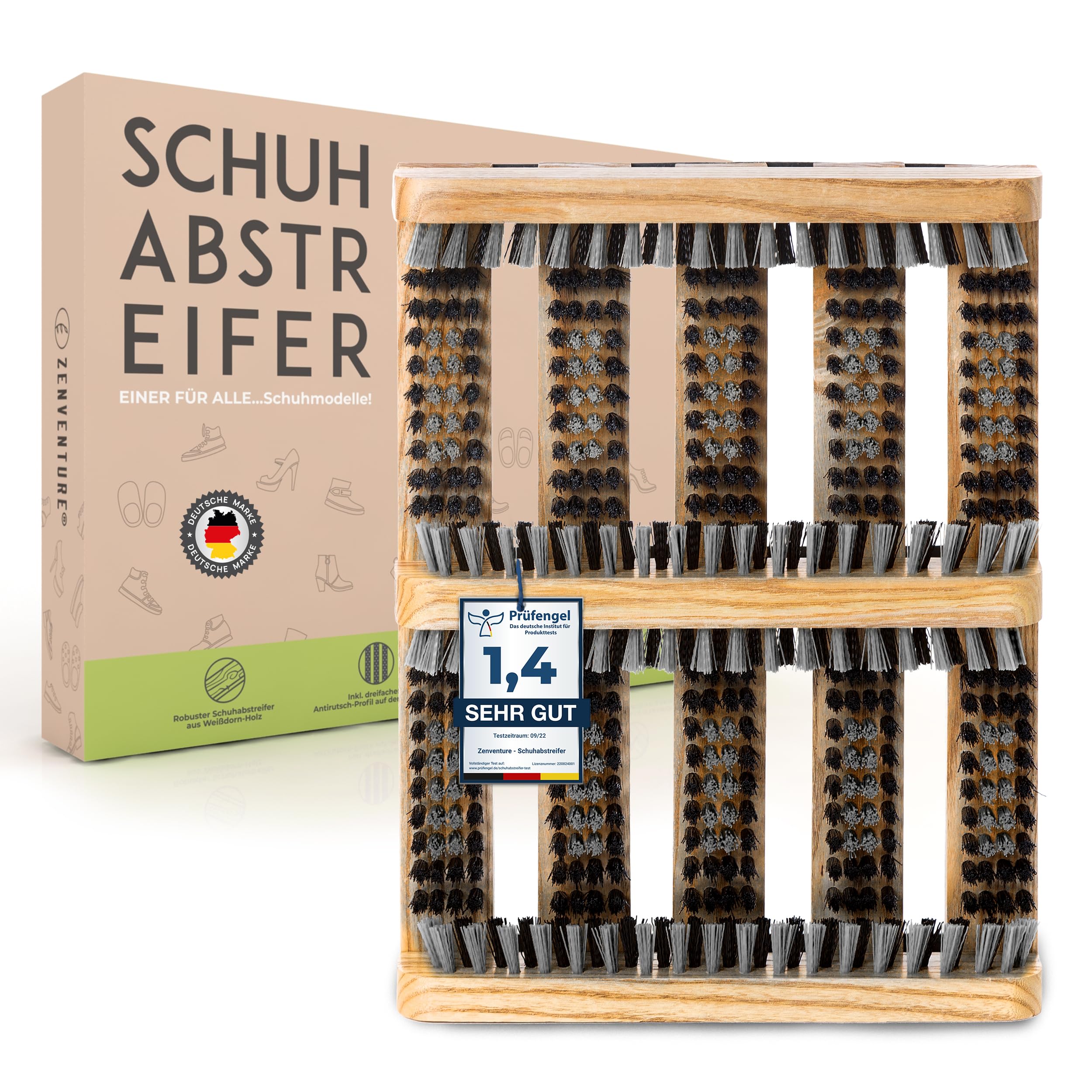 Schuhabstreifer für aussen & innen - Aus langlebigem Weißdorn-Holz & mit Antirutsch-Profil [36 x 27 x 5 cm] - Schuhbürste für zu Hause und unterwegs (Beige) | Shoe Cleaner