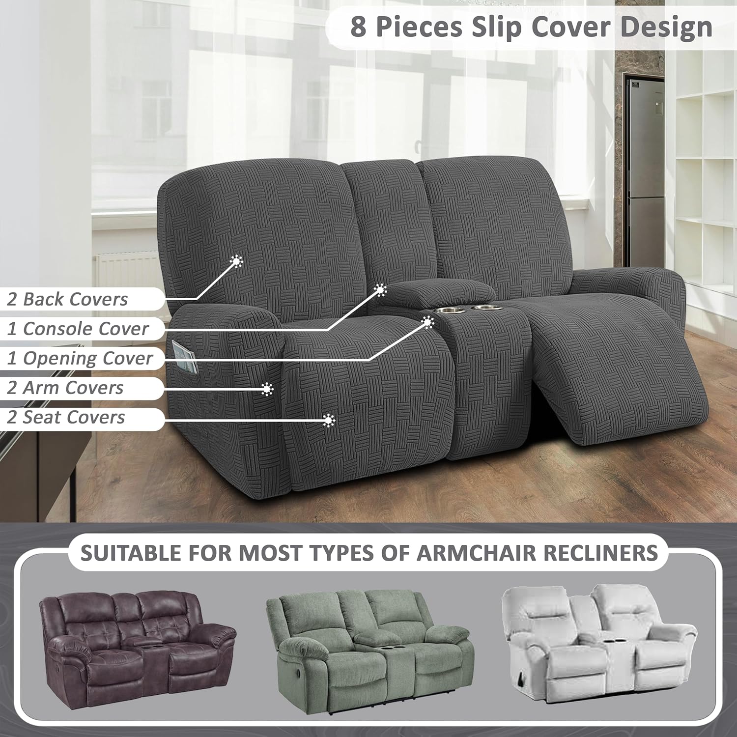 ULTICOR Jacquard Design Reclining Loveseat with Middle Console Slipcover, 8-Piece Stretch Sofa Covers, 2 seat Loveseat Recliner Cover, Washable (Style 4) (Dark Grey)