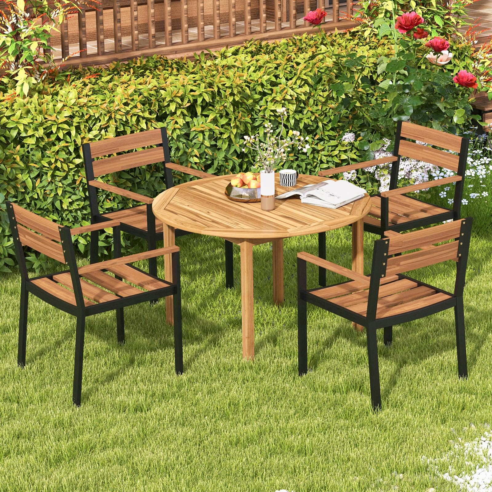 COSTWAY Gartentisch Holz, 100 cm runder Holztisch aus Akazienholz