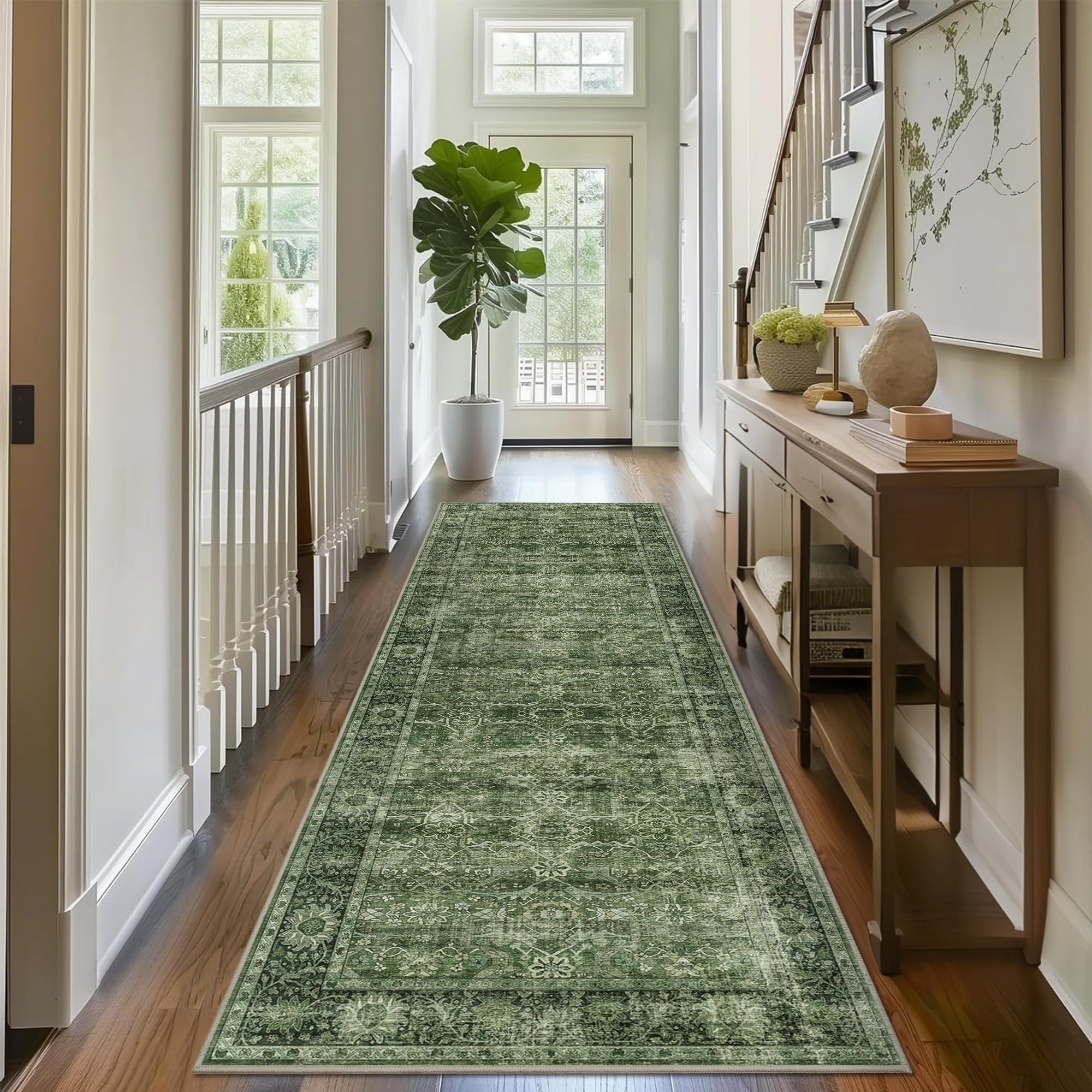 Photo 1 of 2.6x8 Green Vintage Washable Runner Rugs for Hallway Kitchen Boho Hallway Carpet Low Pile Non-Slip Retro Distressed Accent Throw Rug for Entryway Bathroom Bedroom Green