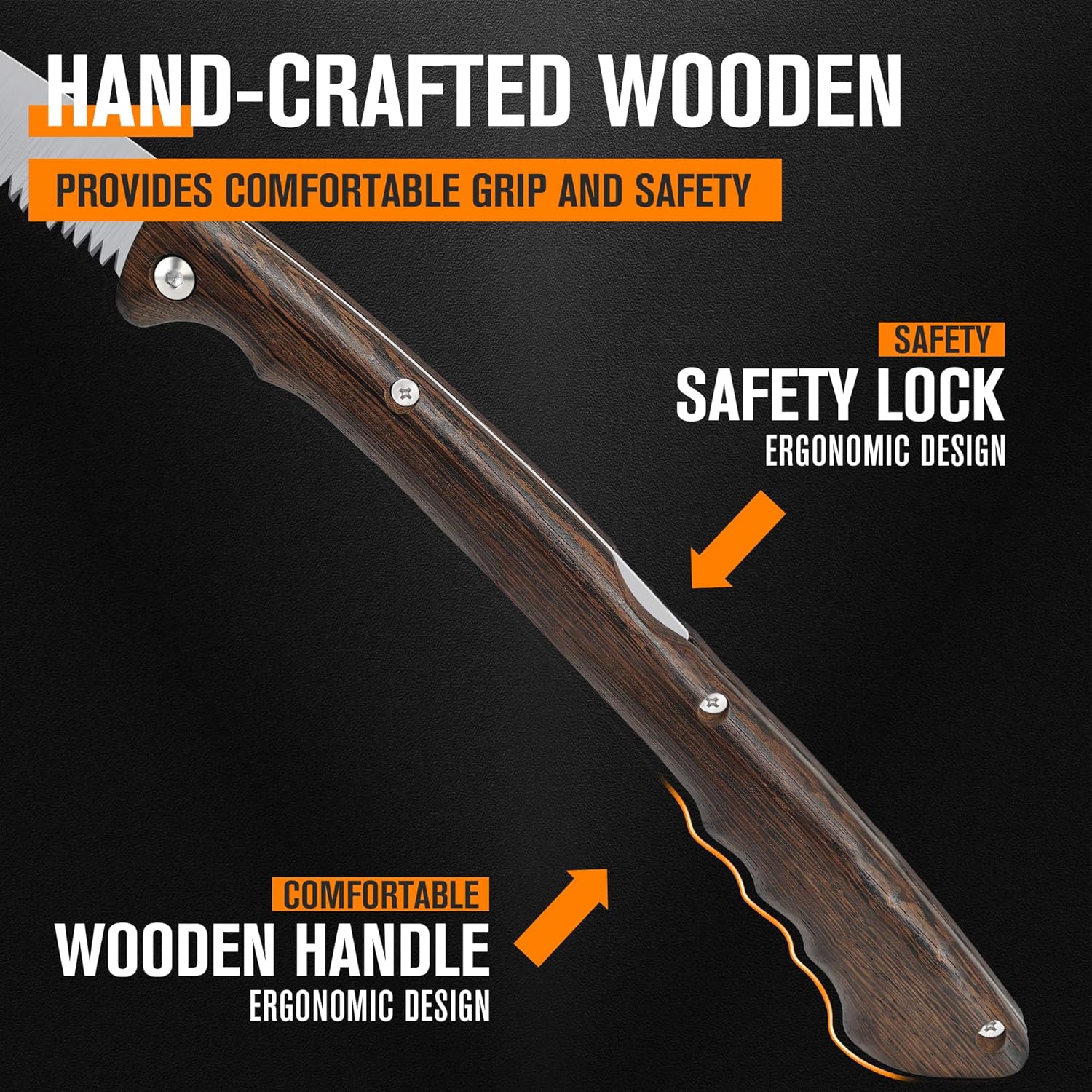 7" Professional Folding Hand Saw - SK5 High Carbon Steel Blade, Ergonomic Wenge Wood Handle, Leather Sheath | Survival Saw for Camping, Bushcraft, Pruning & Tree Trimming with Secure Lock - Image 5