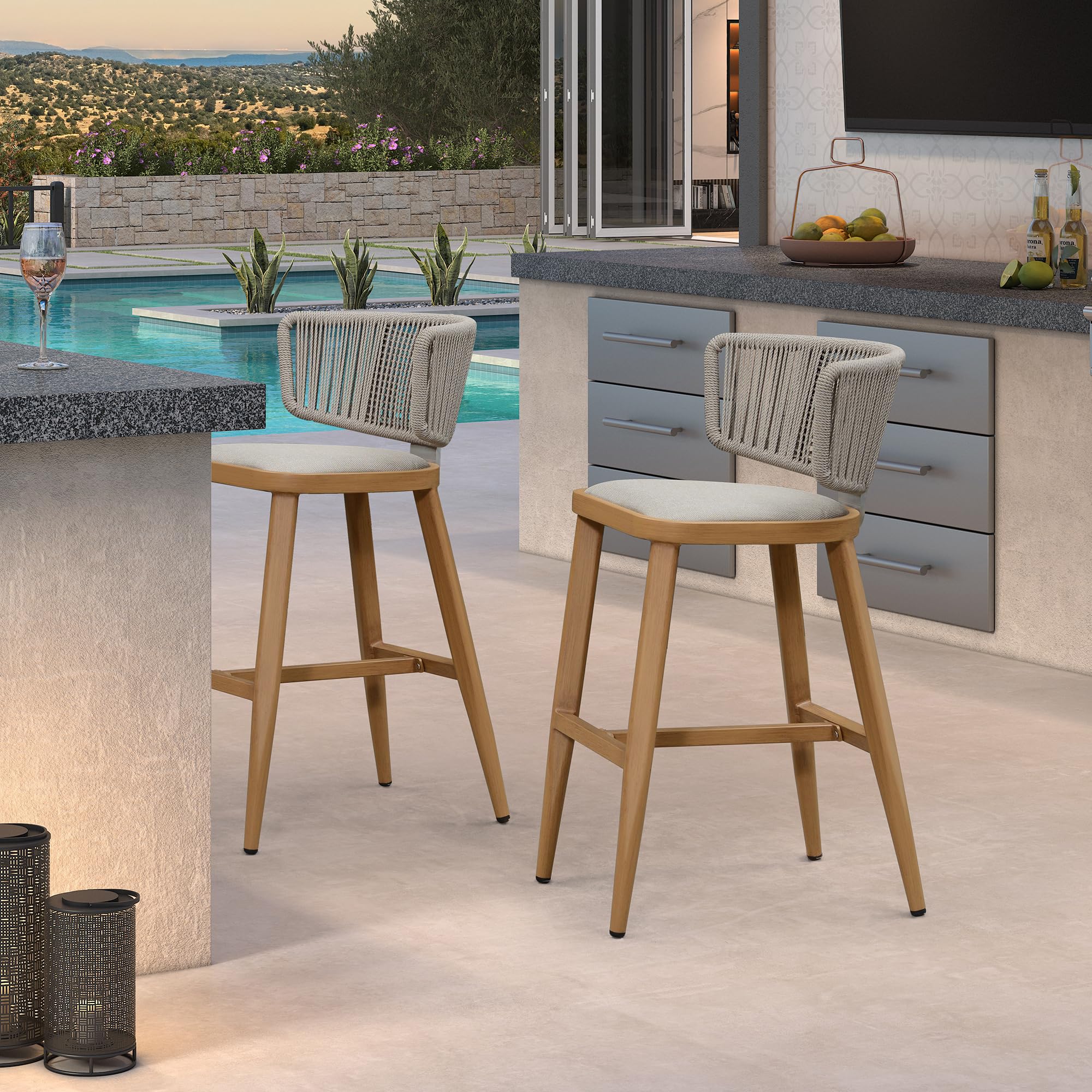 PURPLE LEAF Outdoor Bar Height Stool Set of 2 Modern Rattan Bar Chairs with Woven Rope Back Aluminum Wicker Patio Barstools for Indoor Kitchen Garden