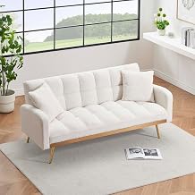 69 Inch Sofa Bed with Adjustable Back, 2-Seater Teddy Fabric Convertible Sleeper for Small Spaces, Modern Futon for Living Room and Bedroom, No Assembly Required Beige