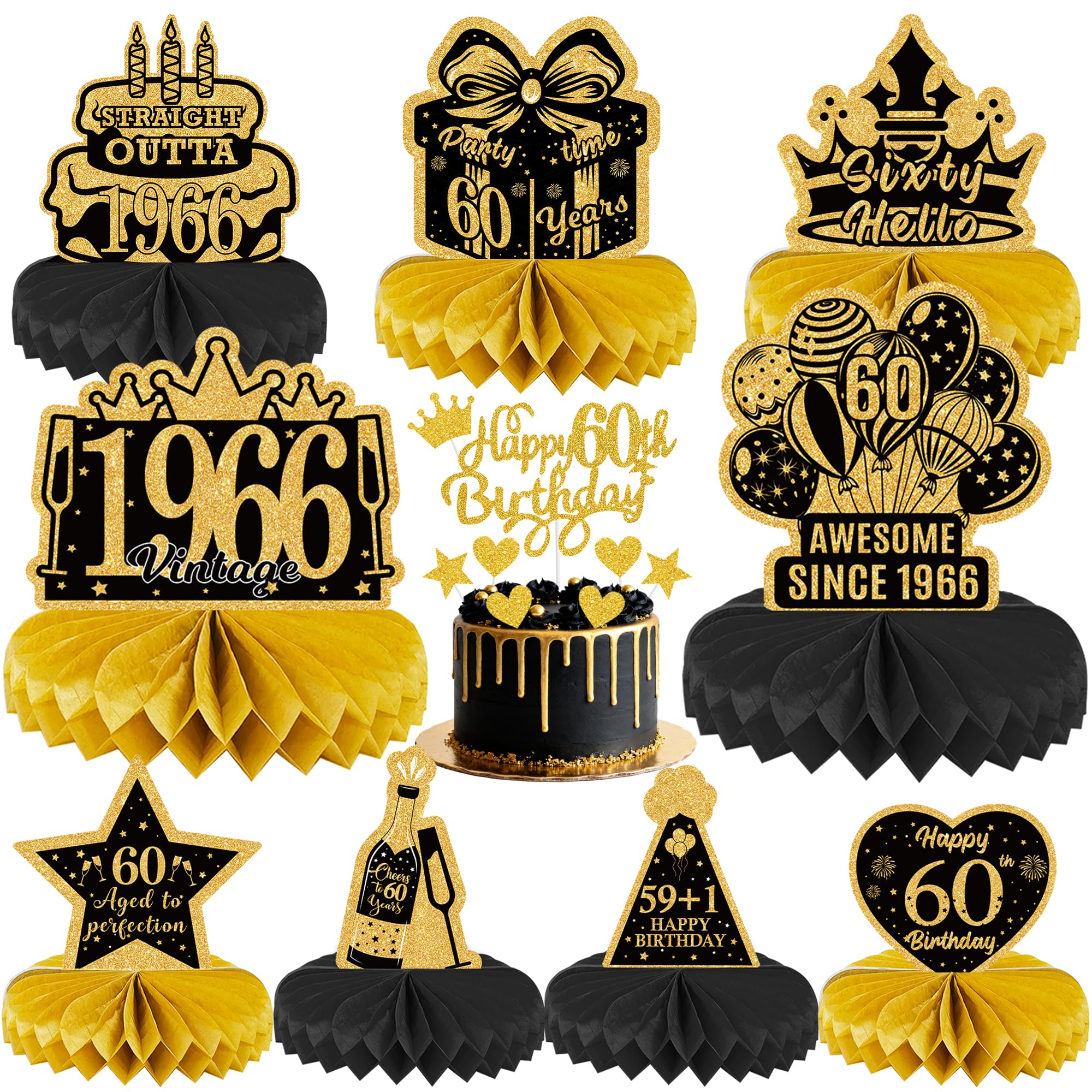 60th Birthday Party Table Decorations - Black and Gold Vintage 1966 Honeycomb Centrepieces and Cake Toppers, 17 Pcs Happy 60th Birthday Table Decorations for Men and Women