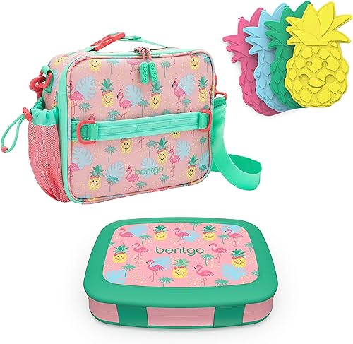 Miniatura 1 de Bentgo Juego de bolsas de almuerzo aisladas con estampado de caja de almuerzo estilo Bento, para niños y 4 bolsas de hielo reutilizables (tropical)