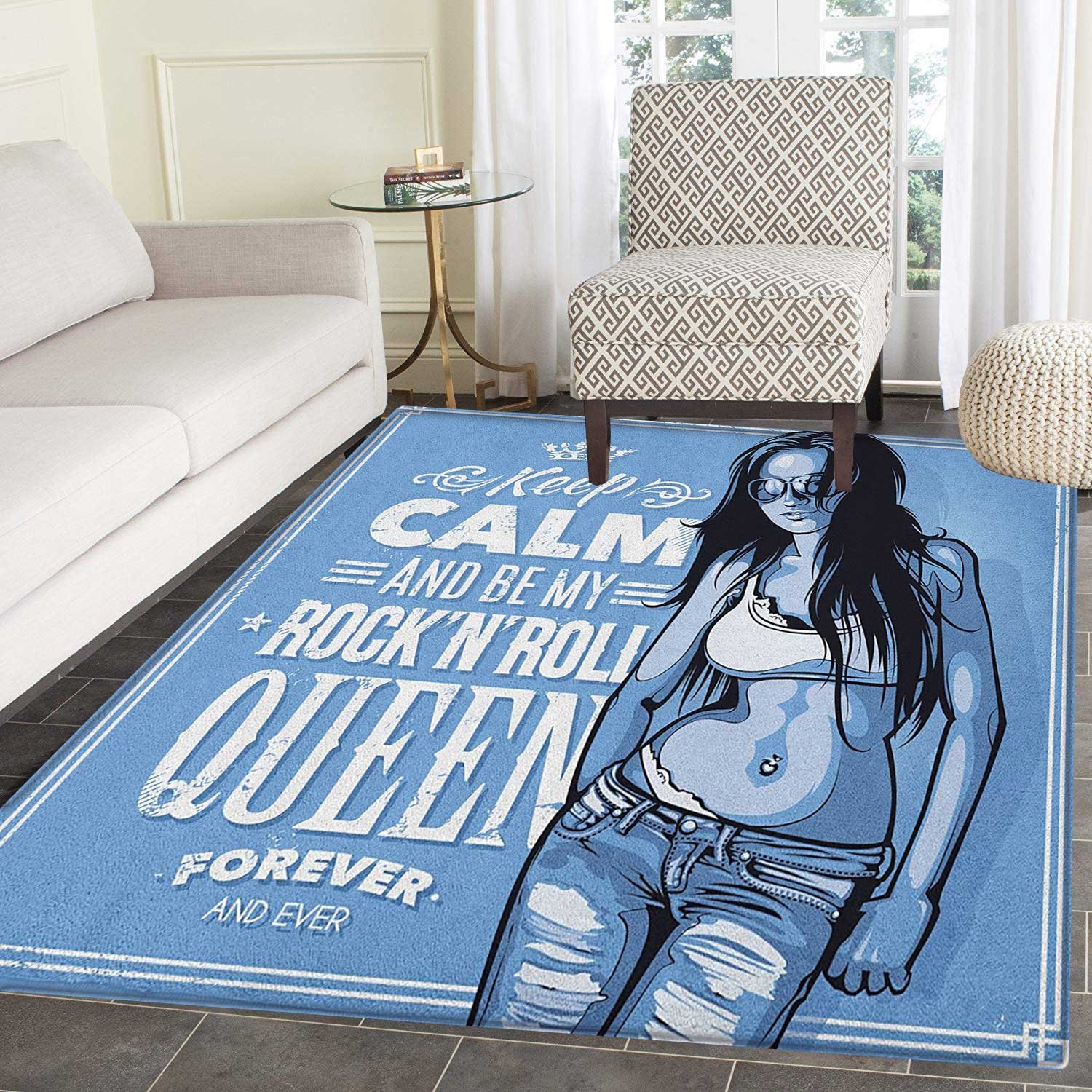 Teen Girls Area Rug Carpet Stylish Girl Image Keep Calm and Be My Rock&rsquon&rsquoroll Queen Forever and Ever Typography Living Dining Room Bedroom Hallway Office Carpet 4'x5' Blue