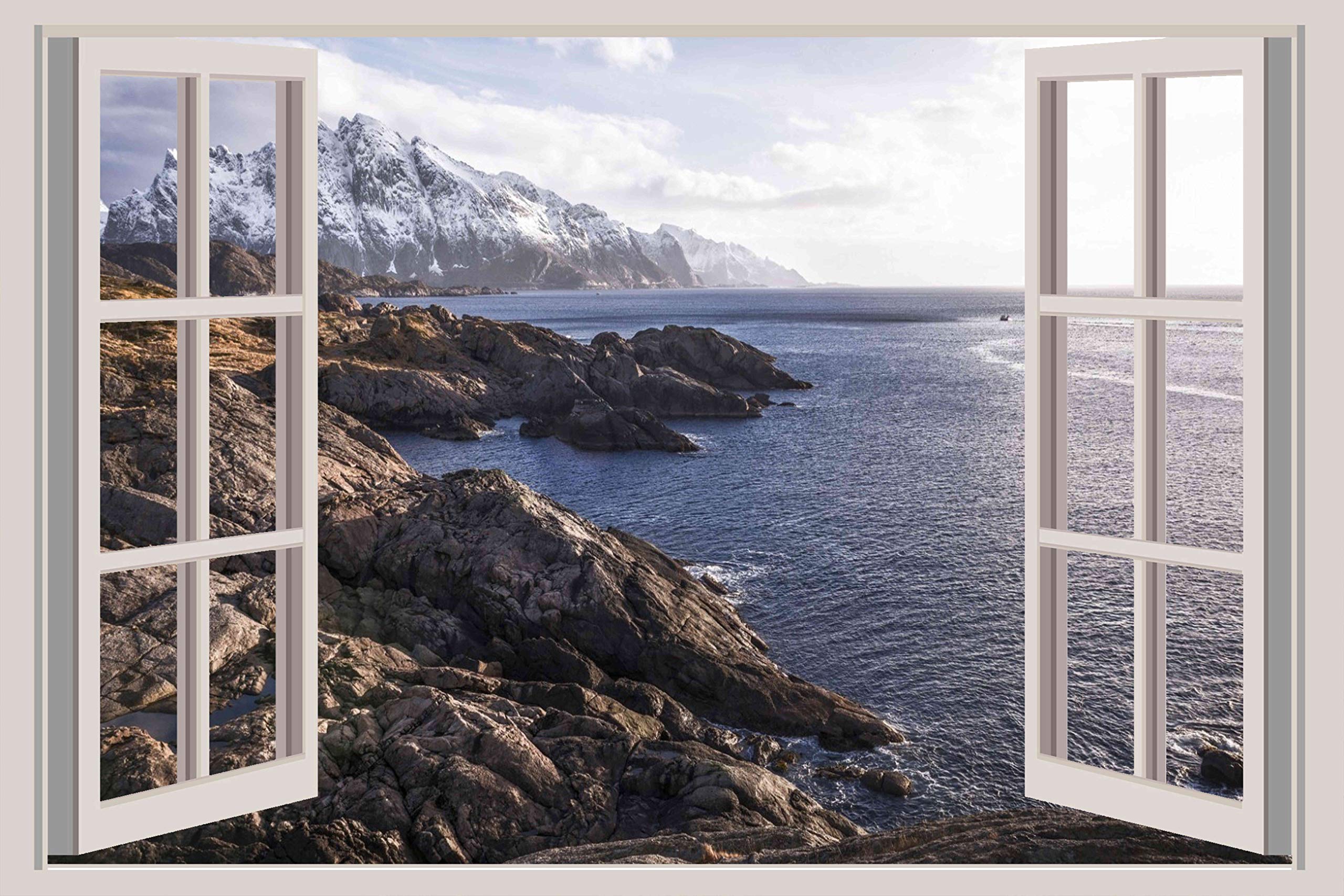Beibehang BXZ1605 Sunny Winter Day Over The Rocky Ocean Cliffs Nature HD 3D Window Wall Sticker (91cm x 60cm)
