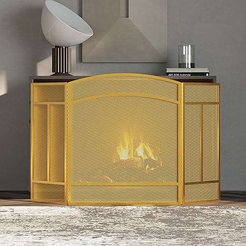 Miniatura 4 de Pantalla para chimenea Fire Beauty de 3 paneles, hierro forjado, 122 cm (L) x 74 cm (H), cubierta protectora contra chispas (Dorado Pulverulento)