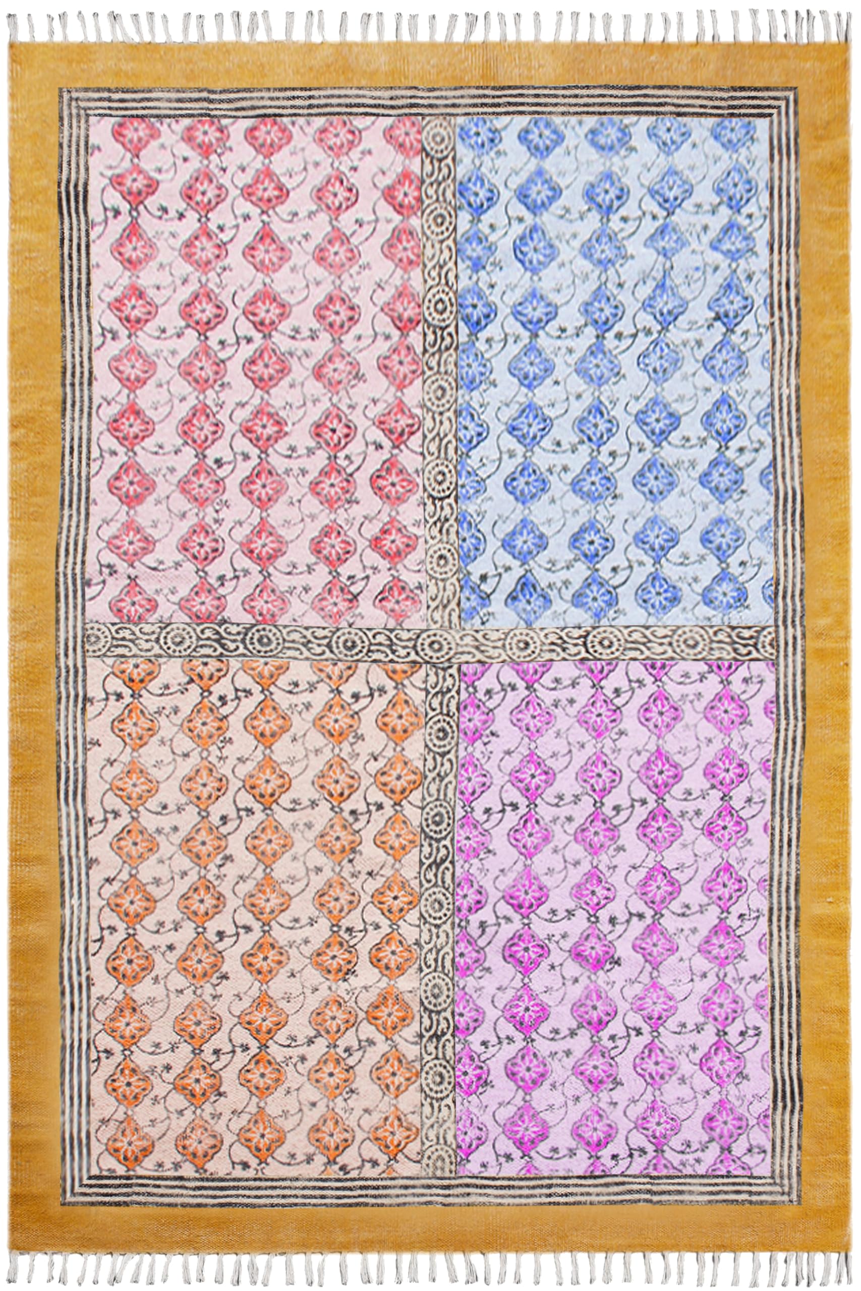 Tapis de couloir en coton Kilim jaune et noir bohème de 122x482 cm