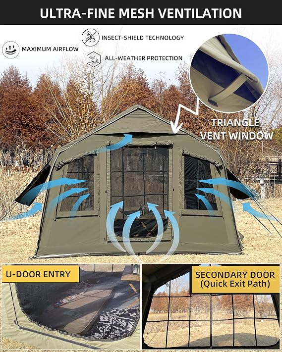 Cotton Inflatable Camping Tent, 2-4 Person, Windproof Glamping Design with Skylight, Instant Setup