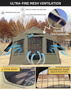 Cotton Inflatable Camping Tent, 2-4 Person, Windproof Glamping Design with Skylight, Instant Setup