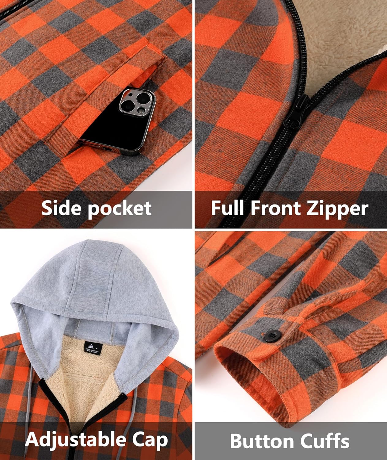 ZITY Flannel Jacket for Men Fleece Plaid Shirts Hoodie Zip Up Sherpa Lined Winter Warm Coat - Image 5