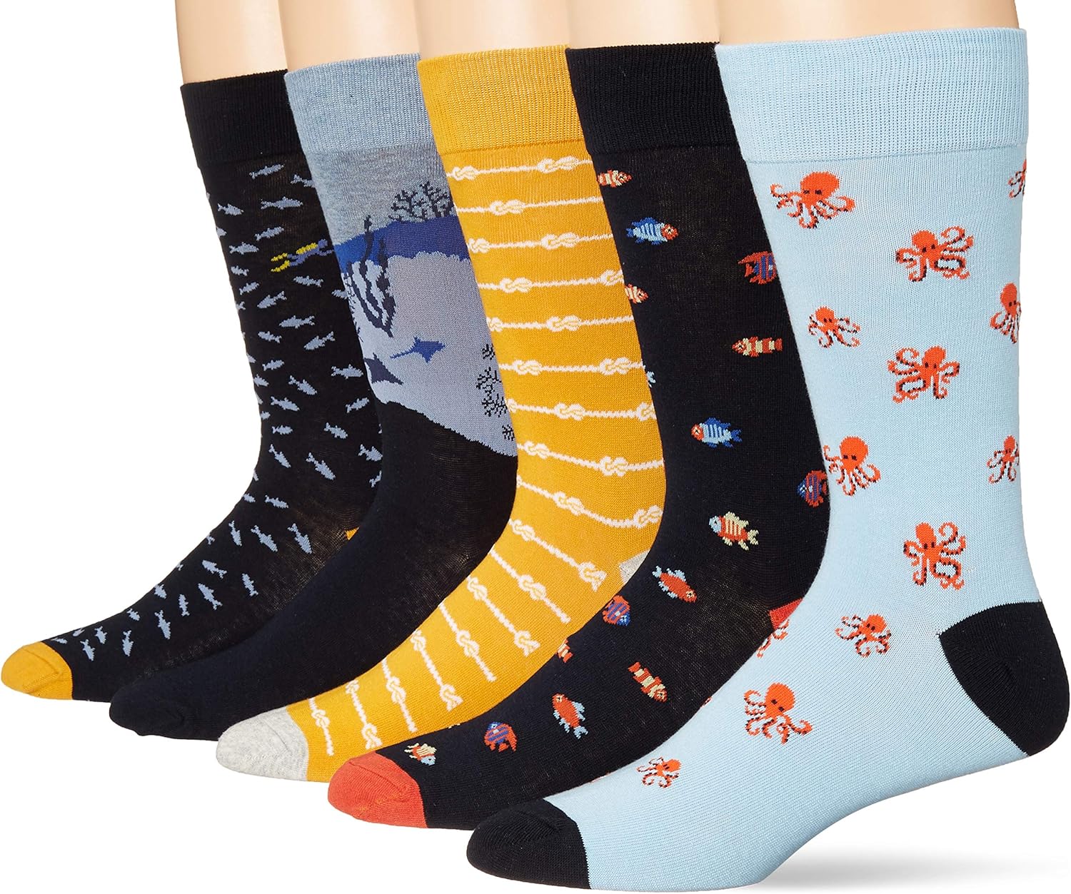 Amazon Essentials Men's Patterned Socks (Previously Goodthreads), 5 Pairs One Size Multi Color/Under the Sea