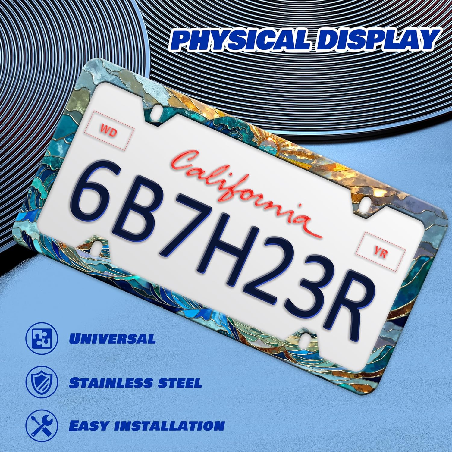 Ocean Waves Sunset License Plate Frame Fantasy Art License Plate Frames Personalise Stainless Steel Funny Design Compatible with Standard License Plate Holder for USA and Canada 6 X 12 with Screws