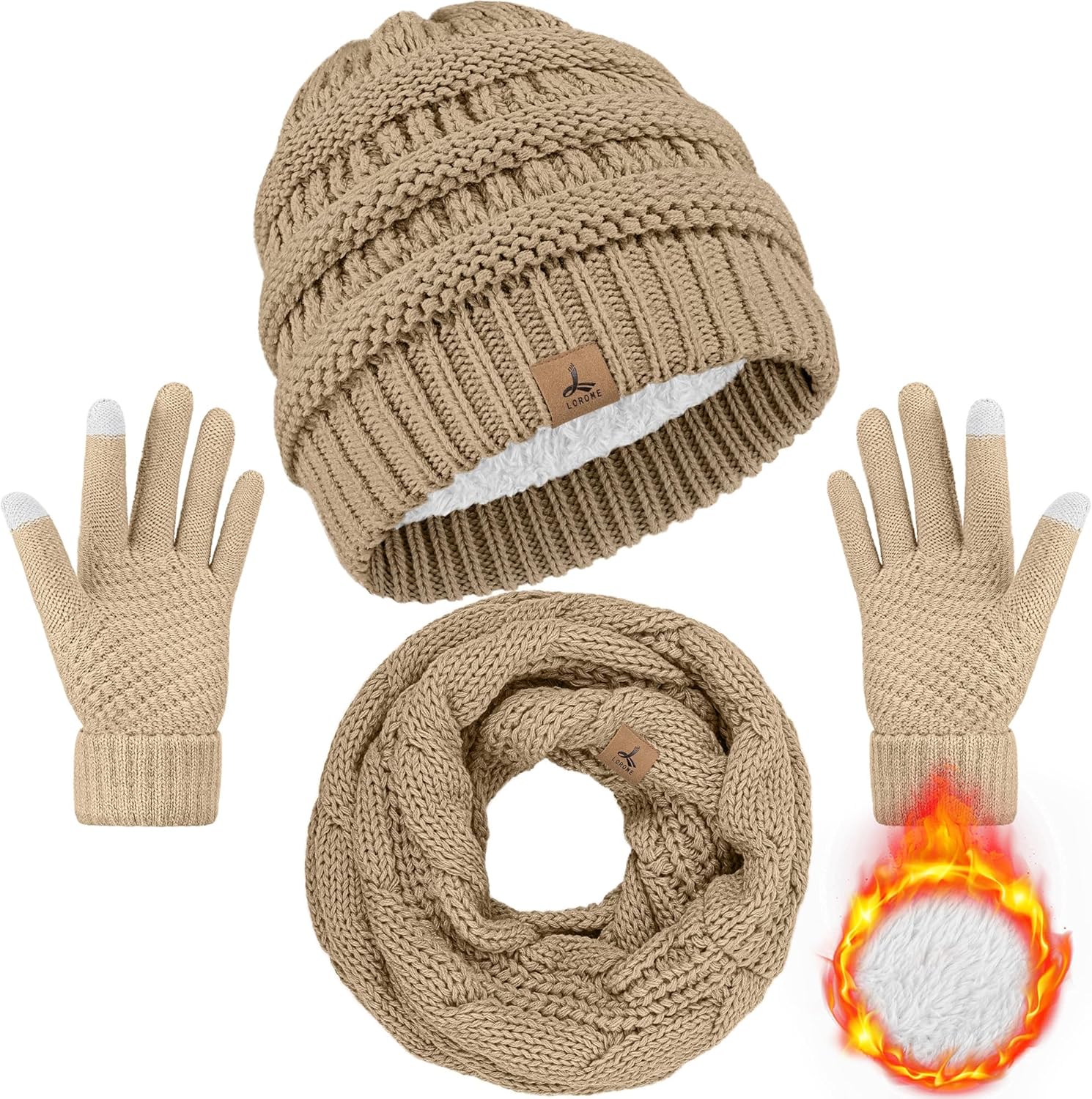 Winter Beanie Hat Scarf Gloves, Warm Fleece Knit Hats Touch Screen Gloves Neck Scarf Set Winter Gifts for Unisex Adult