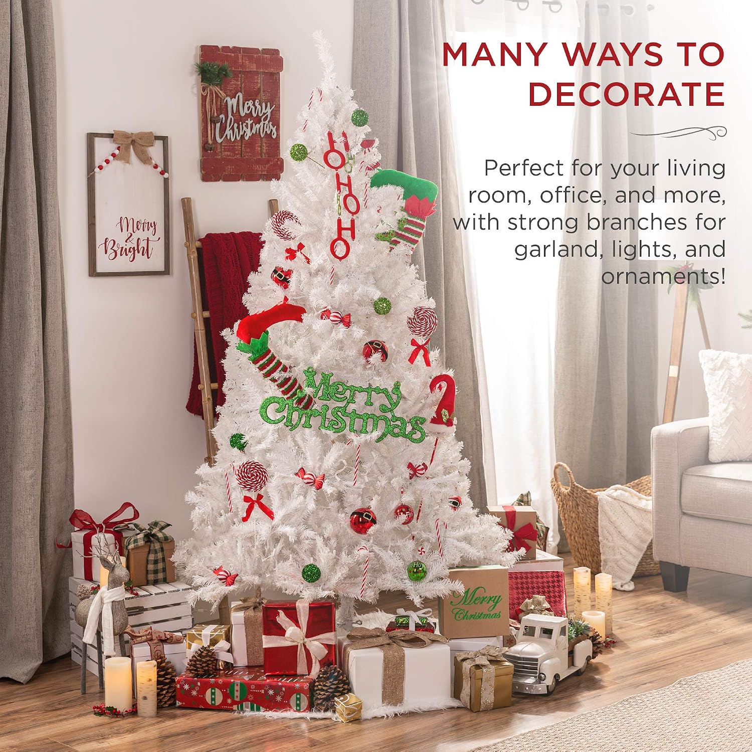 Best Choice Products 6ft Premium Hinged Artificial Holiday Christmas Pine Tree for Home, Office, Party Decoration w/ 1,000 Branch Tips, Easy Assembly, Metal Hinges & Foldable Base - White