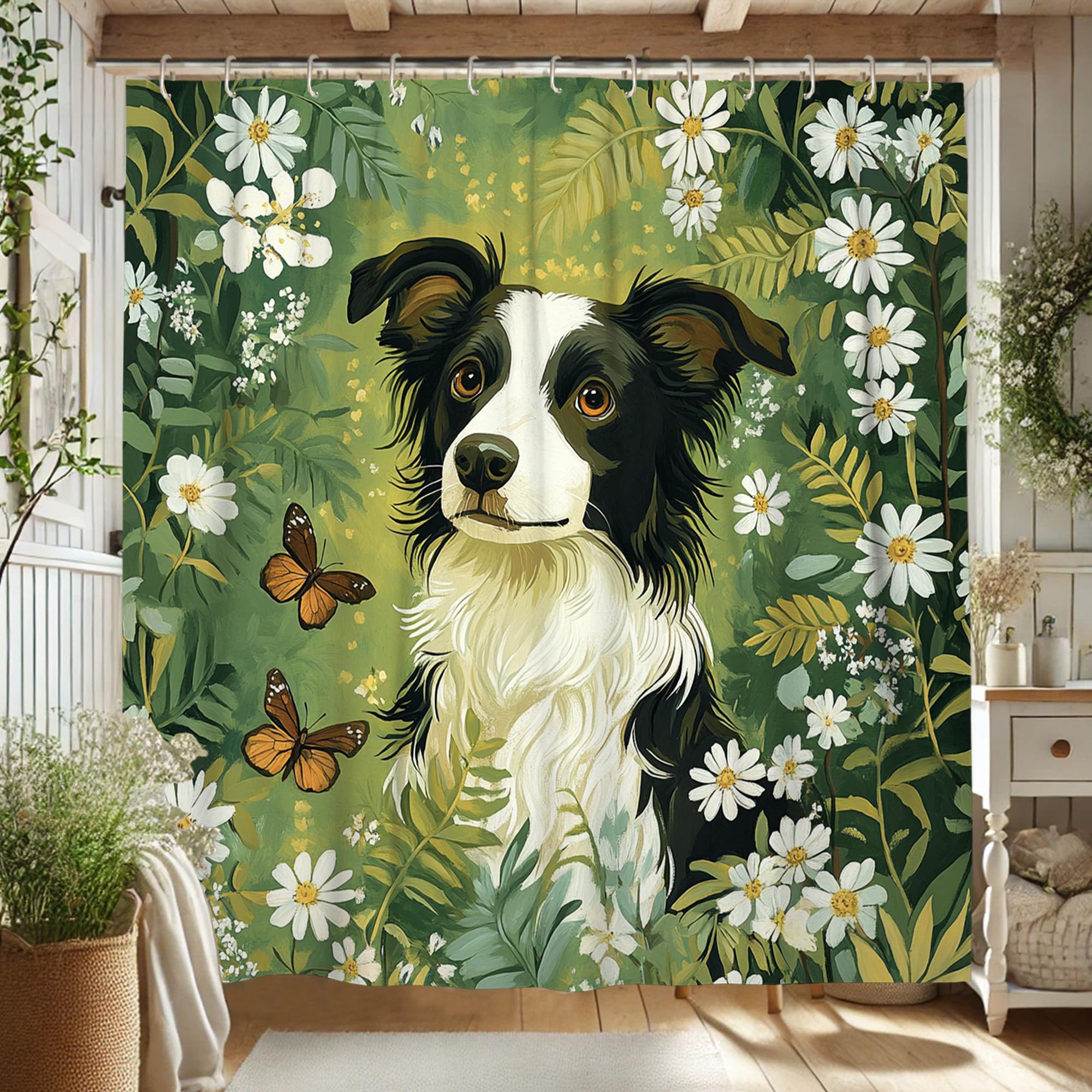 Border Collie Shower Curtain, Green Floral Dog Bath Curtain for Animal Lovers, Spring Summer Nature Wall Decor, Waterproof Fabric Shower Curtain Set with Hooks 62x72 Inch