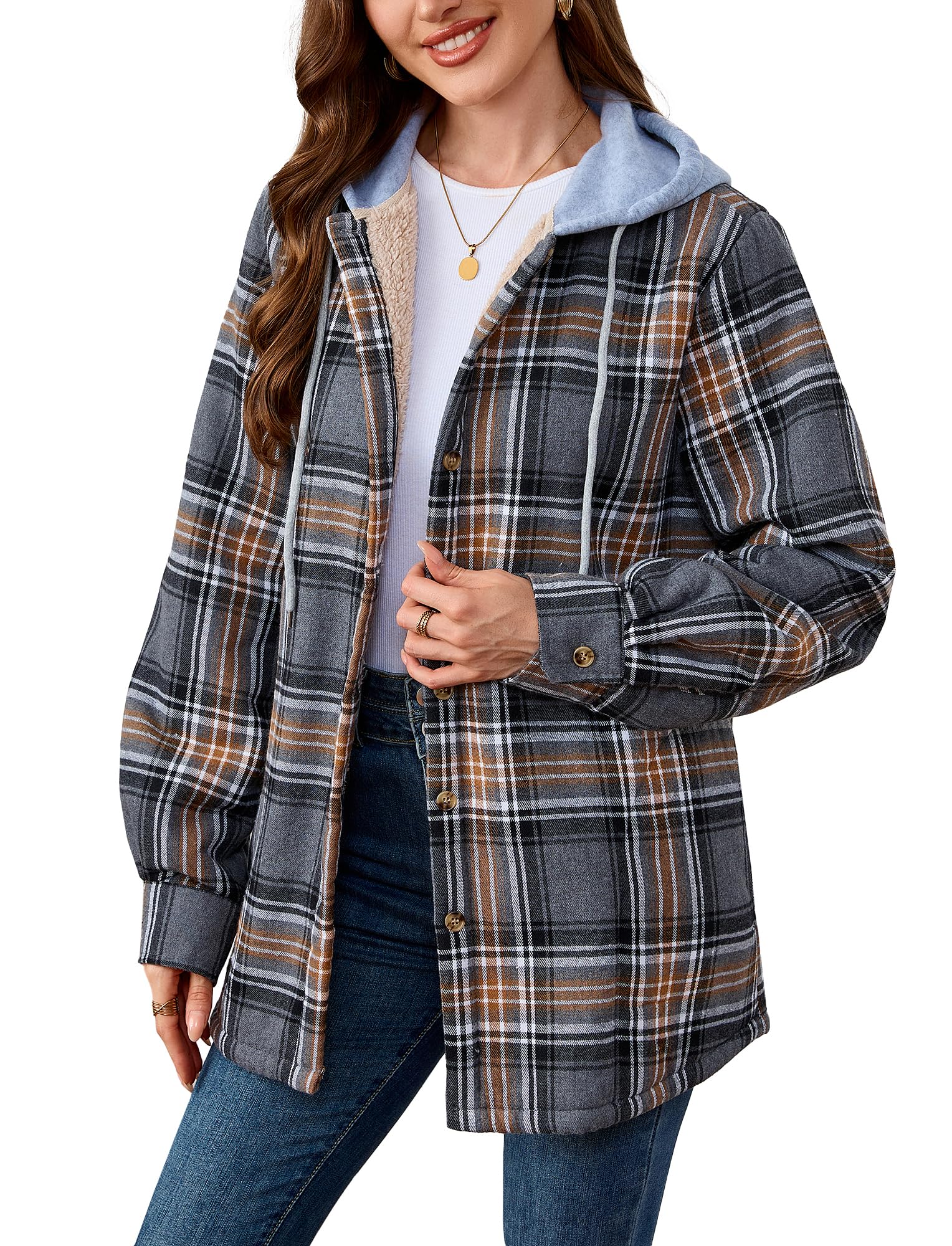 Damen Sherpa Gefüttert Flanell Hemdjacke Baumwolle Plaid Fleece Button Down Jacken mit Kapuze für Frauen