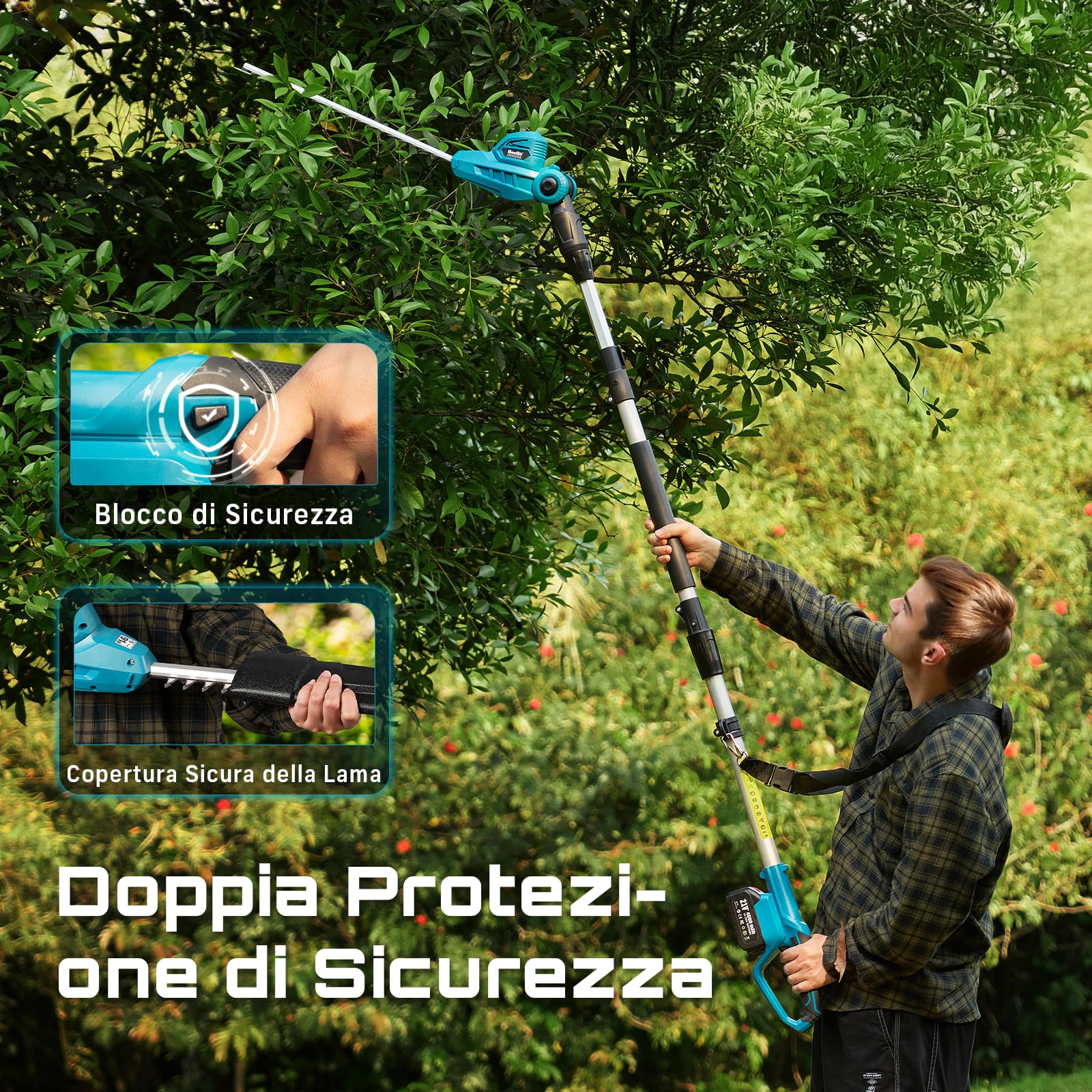 SEESII Tagliasiepi Telescopico a Batteria 2,6 m, Tagliasiepi a Batteria da Giardino con Lama Doppia da 40 cm, 2 * Batterie 4.0Ah, Testa Girevole a 135°, Potente per Siepi, Alberi e Arbusti