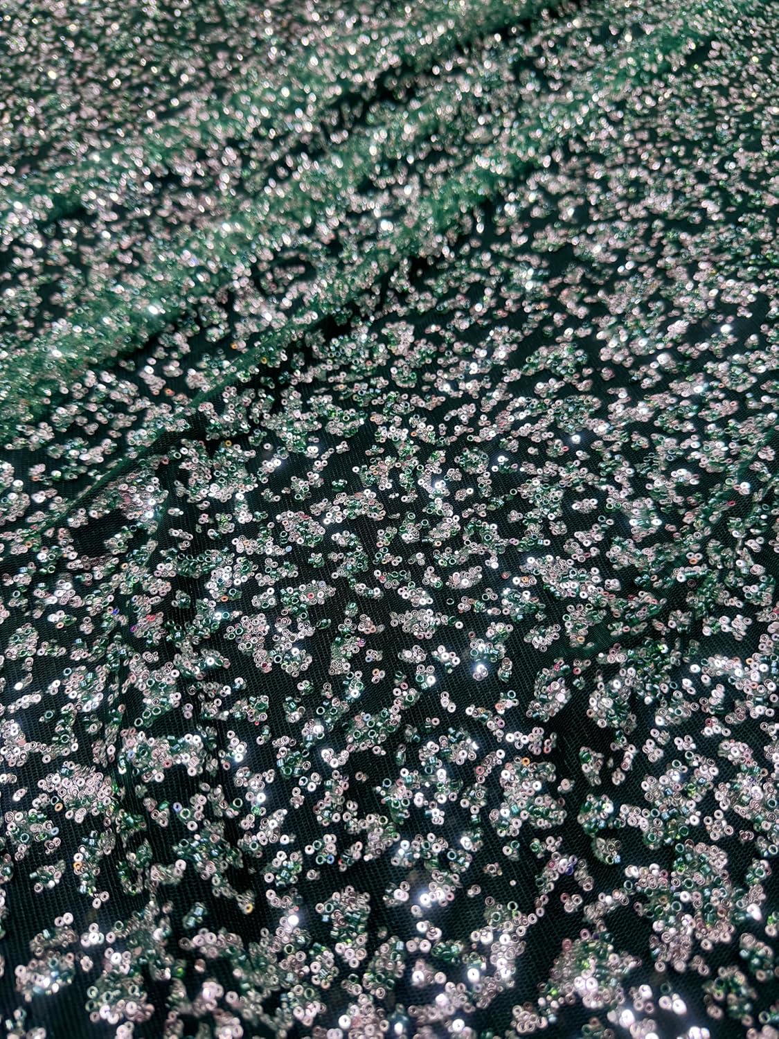 Sparkly Beaded Sequin on Mesh - Sequin Fabric by The Yard -1 Yard of Sparkling Stretch Sequin Fabric - Perfect for Sewing Glamorous Dresses and Craft Projects - 58 Inch Width (Green/Silver)