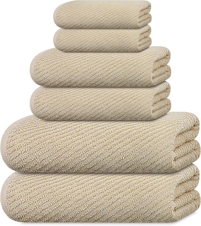 Tens Towels Pack of 6 Zero Twist Towels Set, 2 Bath, 2 Hand, 2 Waschloths, 100% Cotton, Light Weight, Extra Absorbent, Exceptional Softness, Perfect for Bathroom (Beige)
