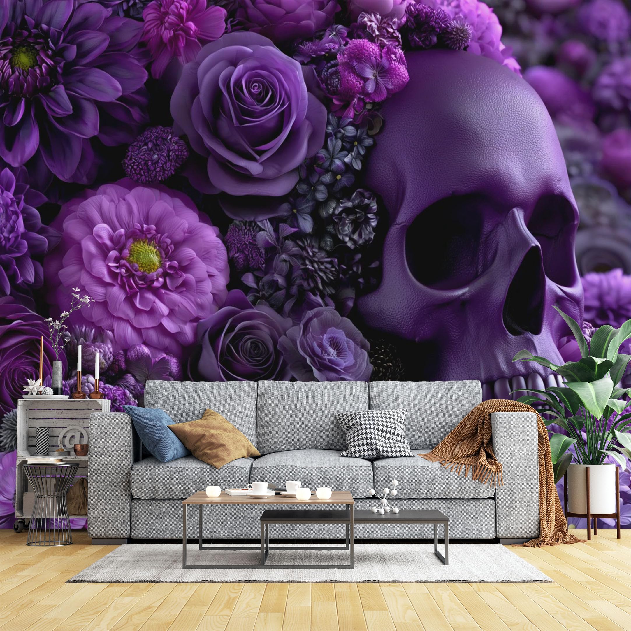Custom Size Wall Murals Purple Skull Surrounded by Flowers Wall Murals Gothic Floral Wallpaper, 3D Self-Adhesive Removable Wallpaper for Bedroom