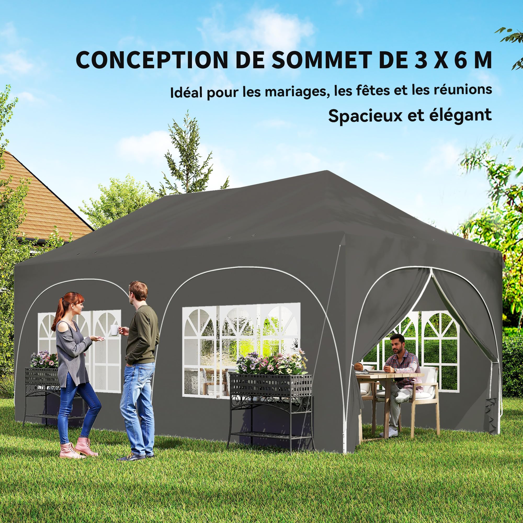 Outsunny Tonnelle Pliante 3x6m Imperméable Anti-UV 6 Parois 6 Sacs Gris