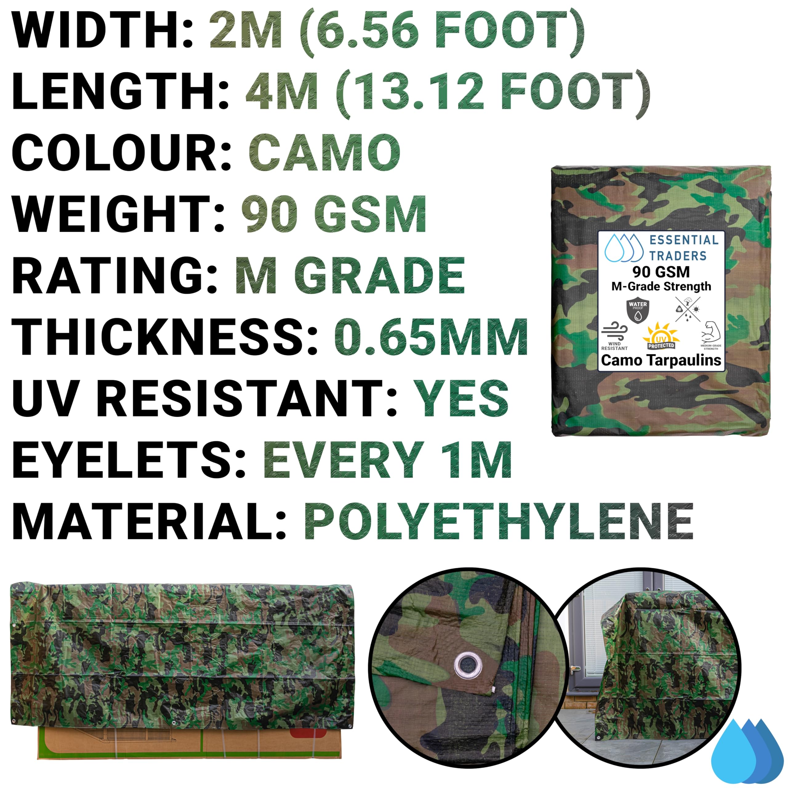 Premium Camouflage Heavy Duty Tarpaulin, 90gsm Waterproof Cover Ground Sheet Forest Tarp, Army Camo Basha - Image 2