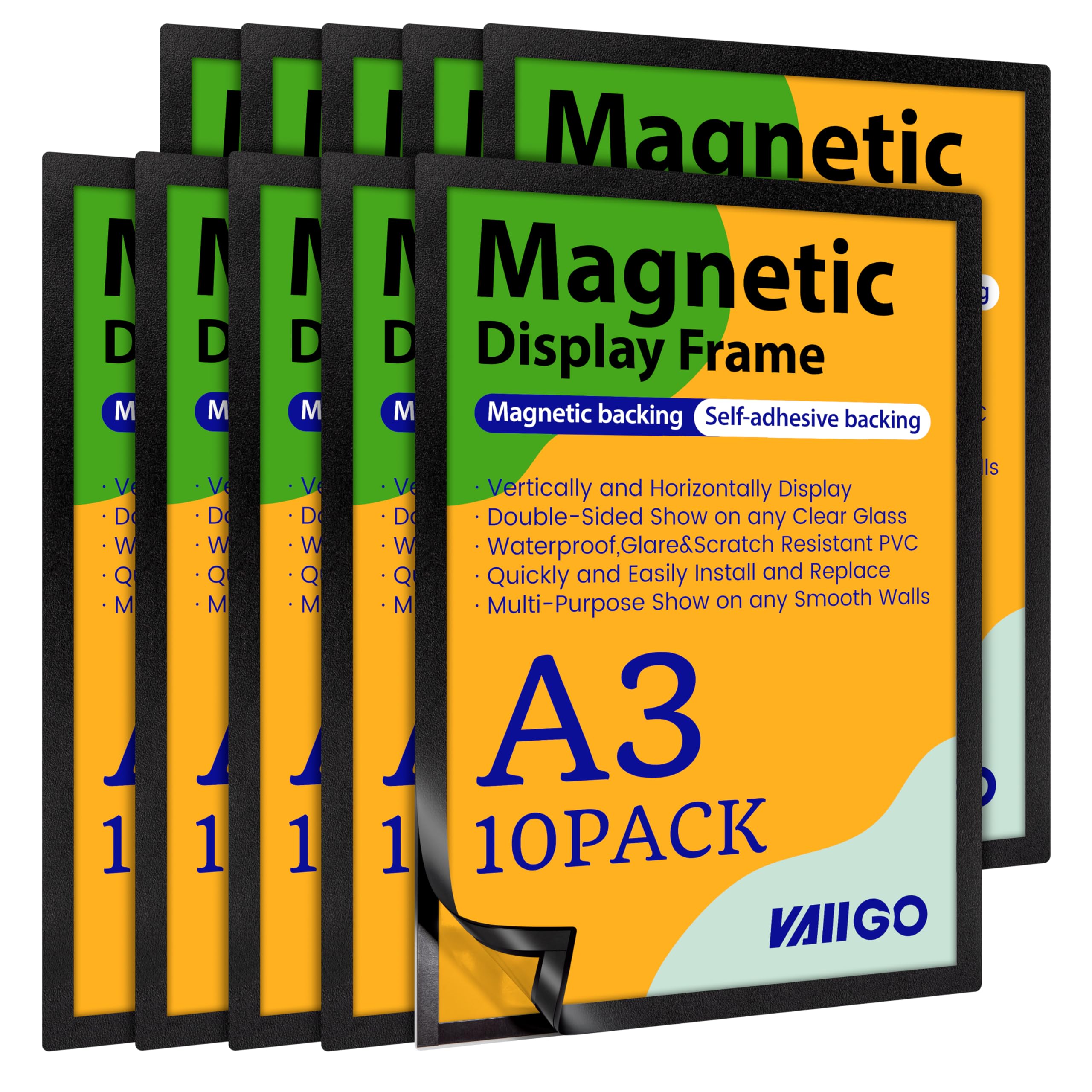 Samoprzylepna magnetyczna ramka ekspozycyjna A3, magnetyczny uchwyt na papier z mocną magiczną bordiurą, magnetyczna ramka na lodówkę na ścianę, drzwi, płytki, lodówkę, szafkę, uchwyt na znaki okienne (10 szt., czarna)