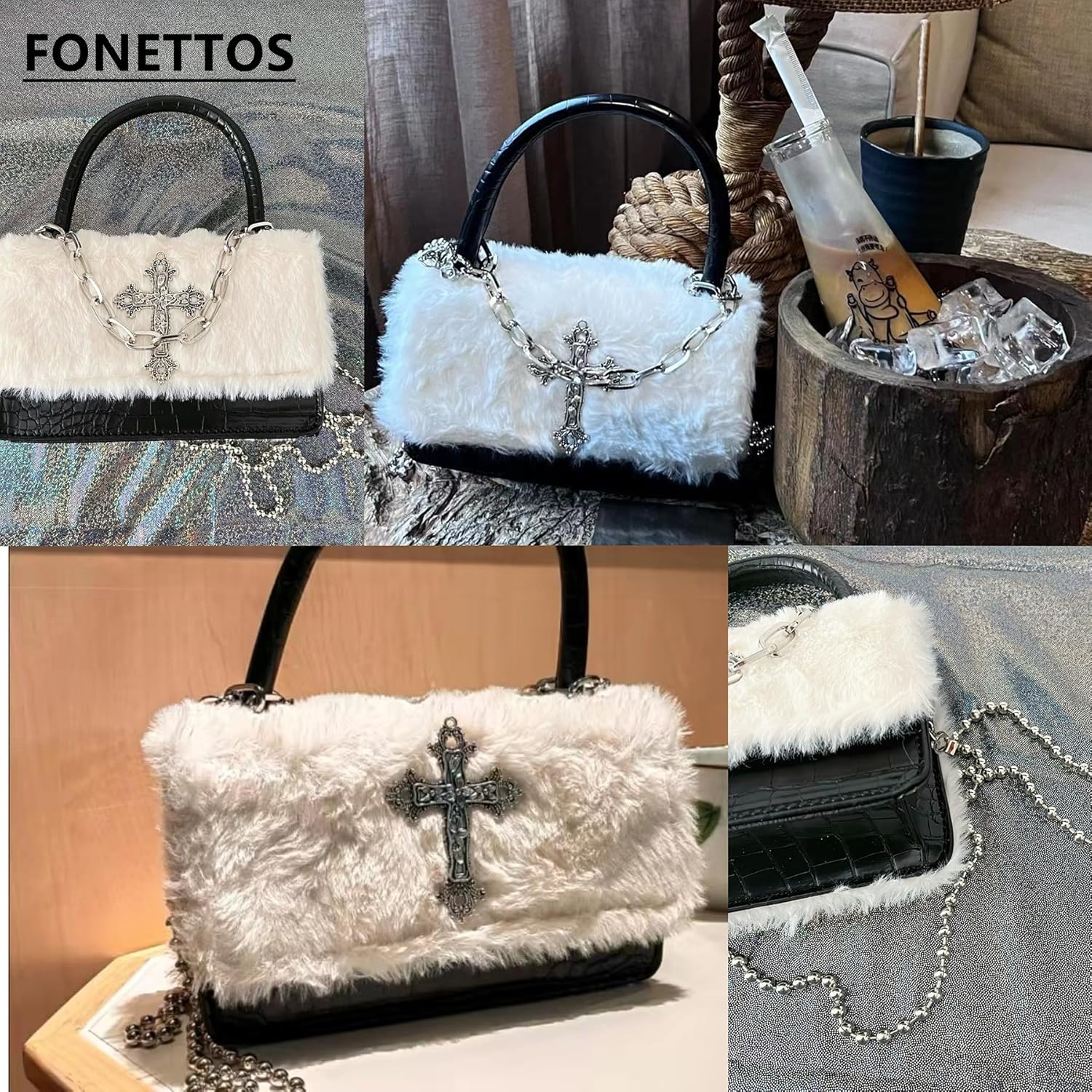 Y2K Gothic Punk Handbag Indie Cross Studded Shoulder bag for Egirl Woman Kawaii Purse Cool Girl Crossbody Fluffy Bag - Image 5