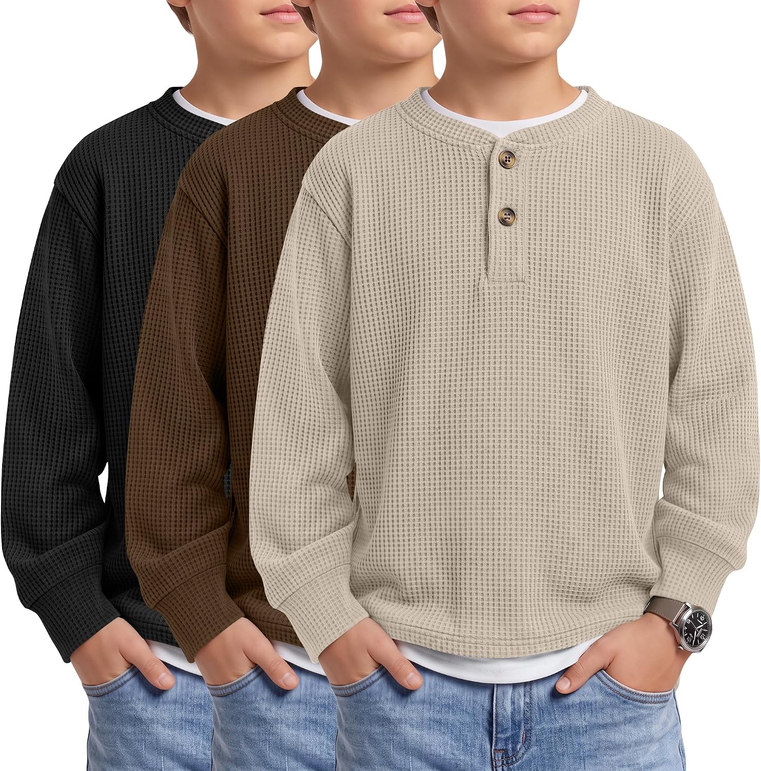 3 Pack Boys' Oversized Waffle Knit Henley Shirts