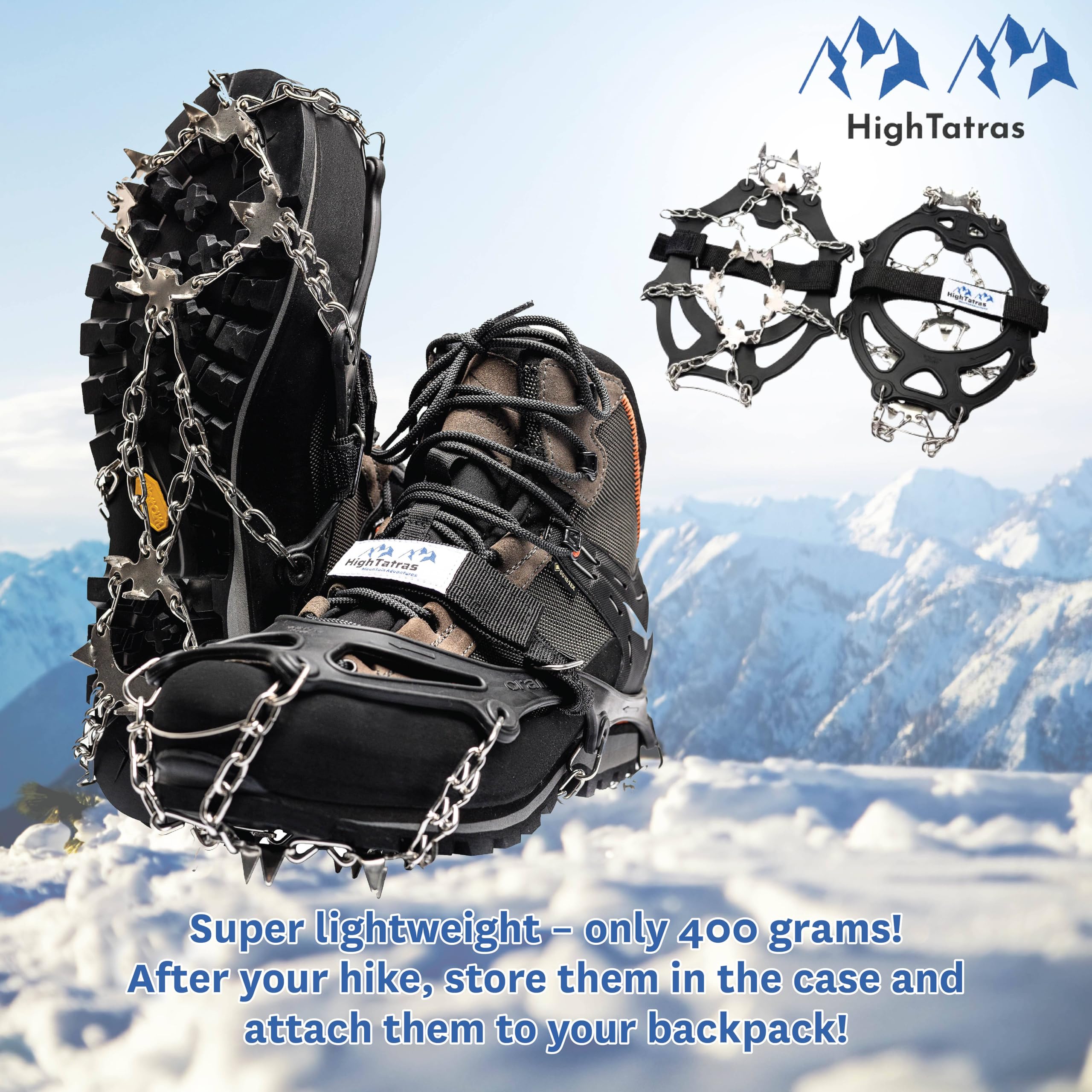 High Tatras Ramponi per scarponi taglie M, L, XL, punte antiscivolo, ramponi da montagna per neve e ghiaccio, per trekking invernale, 8 o 18 punte in acciaio