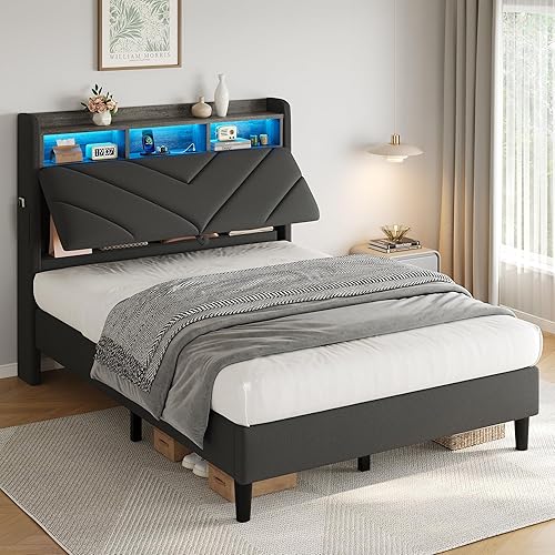 Miniatura 13 de Base de cama de terciopelo de tamaño matrimonial con cabecera ergonómica, plataforma tapizada con luz LED y estación de carga, soporte de listones