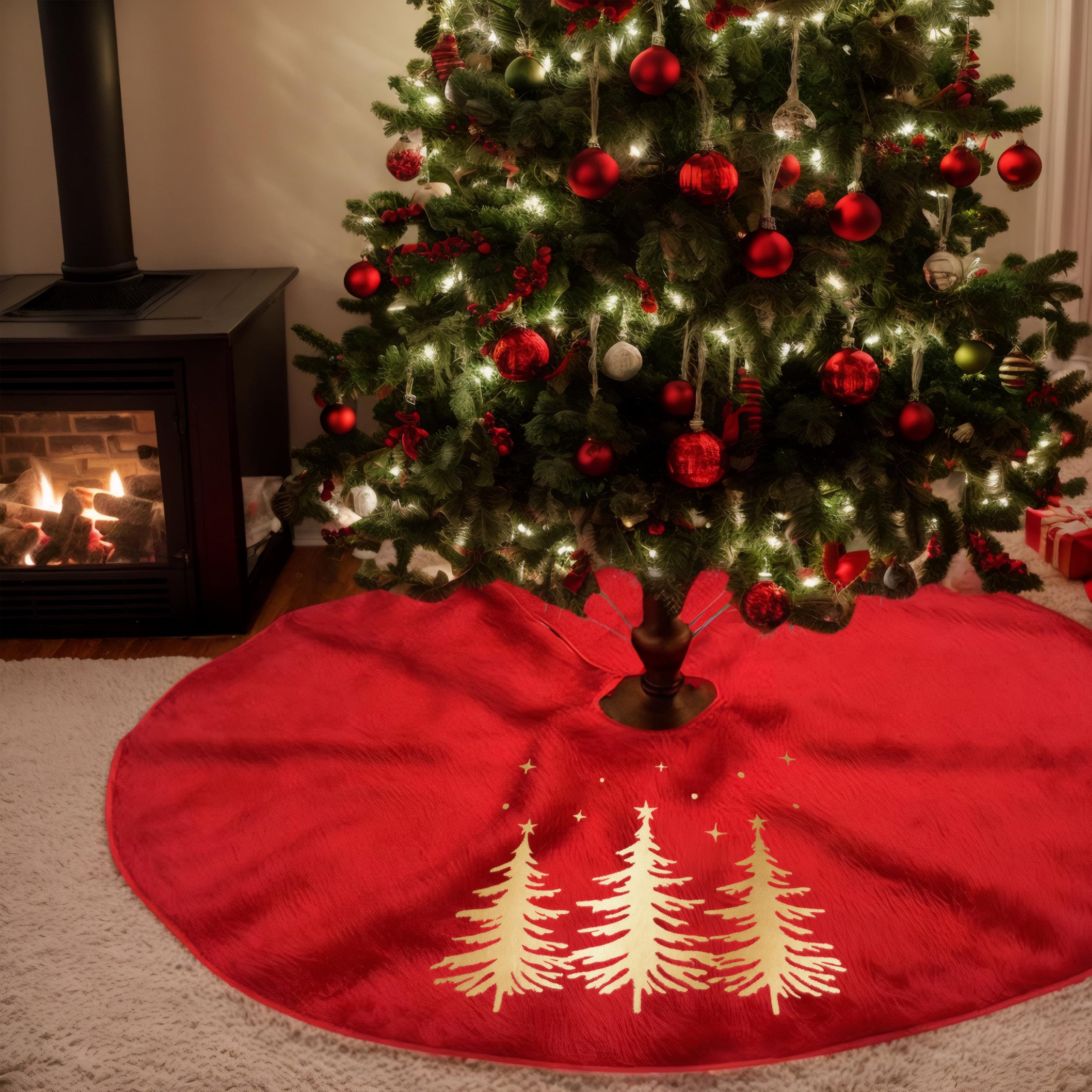 Christmas Tree Skirt 24 inch for 3-4 Ft Tree Luxurious Velvet Xmas Tree Skirt Christmas Gold Christmas Trees Pattern Village Decorations Home Hoilday Decor(Red, 24