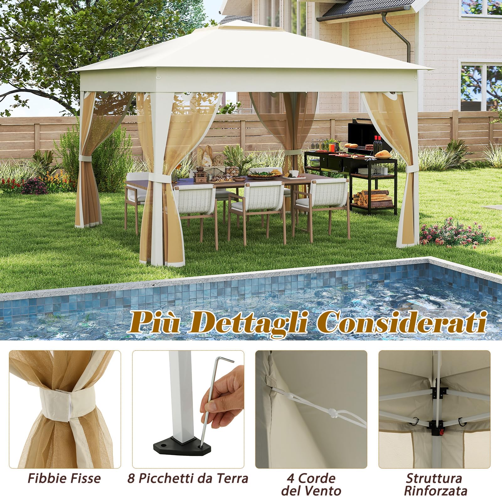 COSTWAY Gazebo Pieghevole 3,4 x 3,4 m con Zanzariera e Tende Laterali Tenda da Giardino Antivento 210D Beige