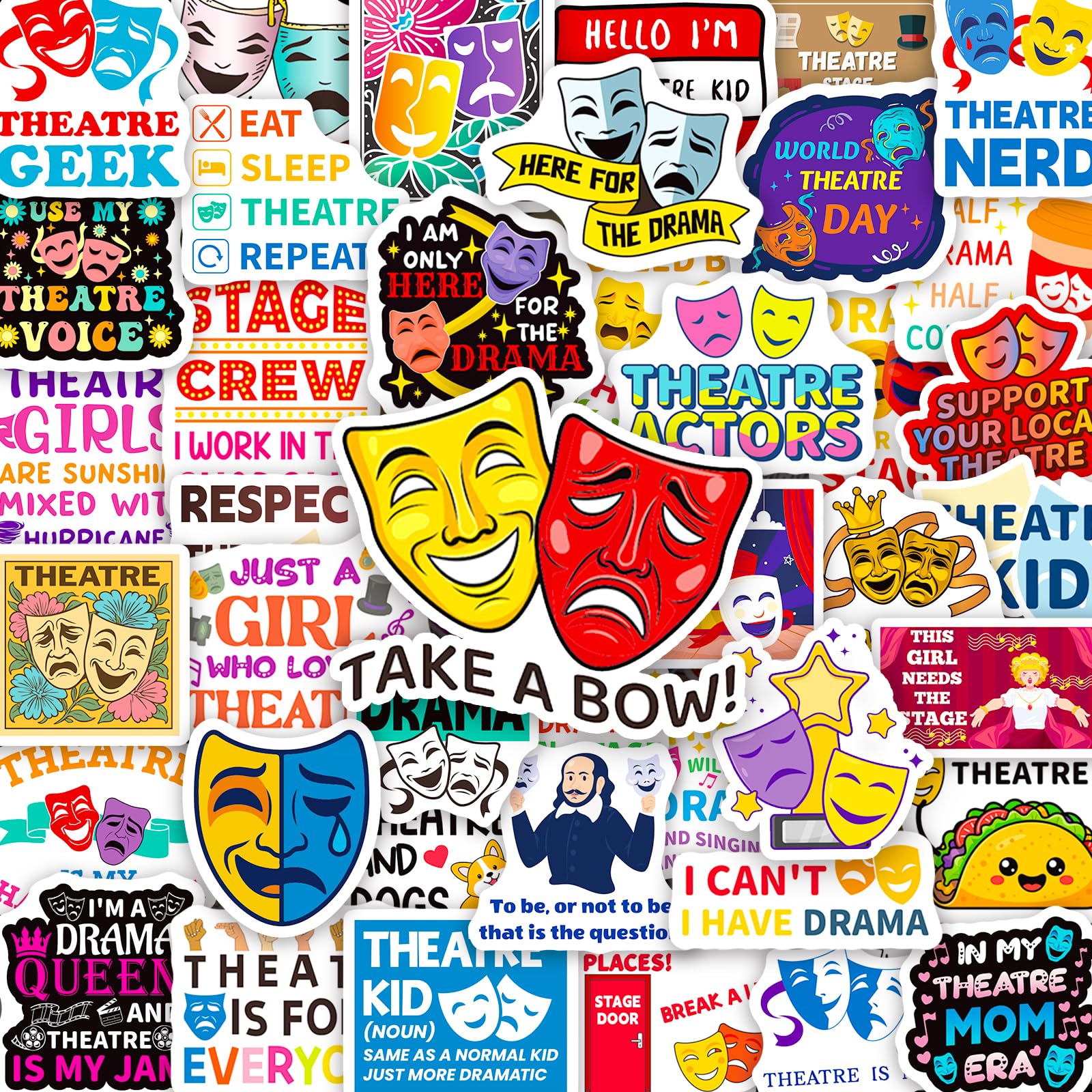 200PCS Theatre Stickers for Laptop, Waterproof Vinyl Drama Stickers for Water Bottle Phone Scrapbook, Musical Theatre Gifts for Kids Teens, Drama Club Party Favors