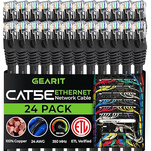 GEARIT Paquete de 24 cables de conexión Ethernet Cat5e de 1 pie - Cable de red LAN RJ45 sin enganches, color negro