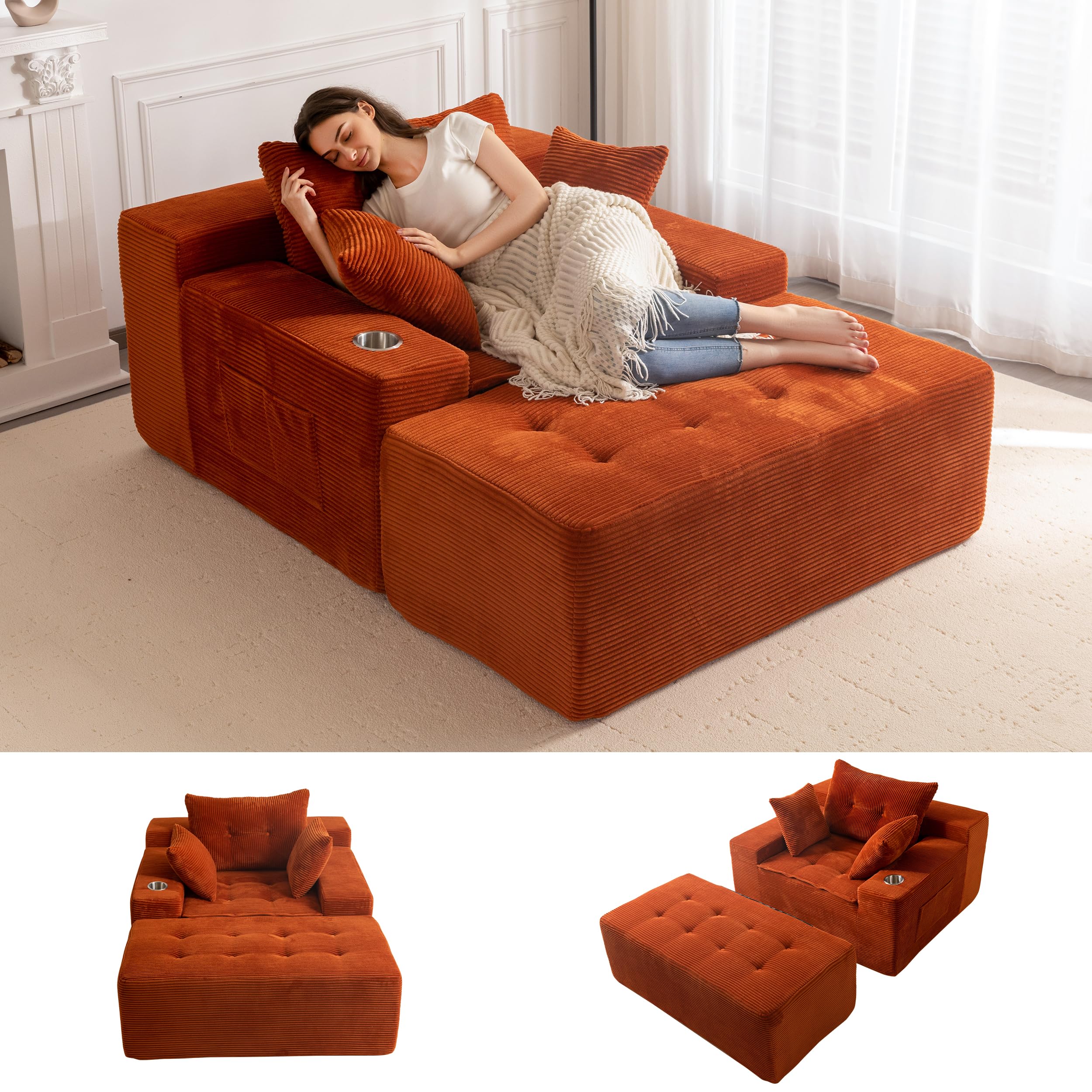 MAXYOYO Oversized Chaise Lounge Sofa, Upholstered Lounge Chair with 3 Pillows Indoor, Tufted Boneless Sofa Couch with Ottoman, Deep Seat Chair for Living Room, Bedroom, No Assembly, Orange