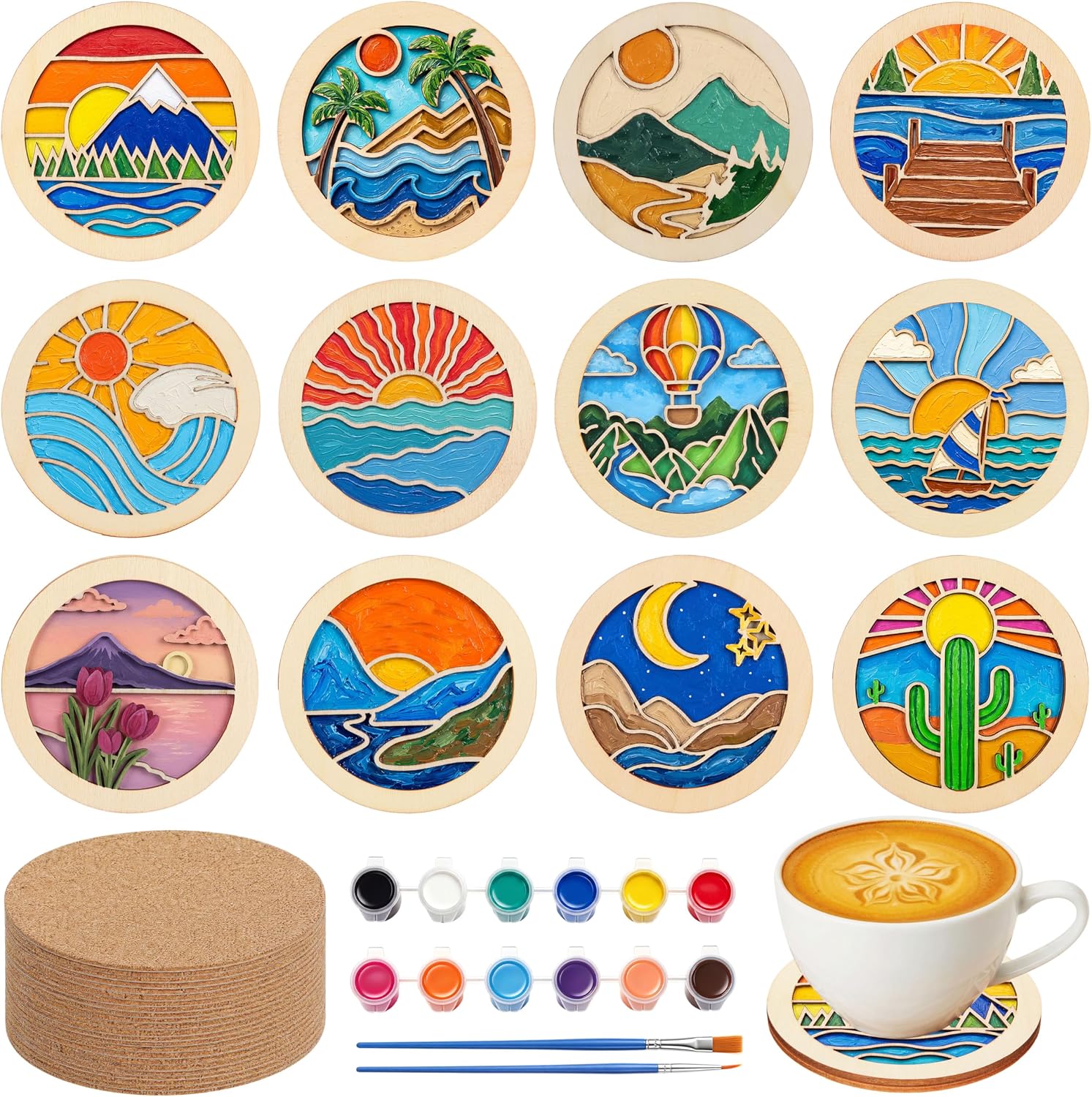 Dispowreath 12 Pcs Wooden Coasters Painting Kit Paint You Own Coaster Wooden Painting Craft Kit with Acrylic Paints and Brush for Adults and Beginners Coasters Landscape Crafts Art Supplies