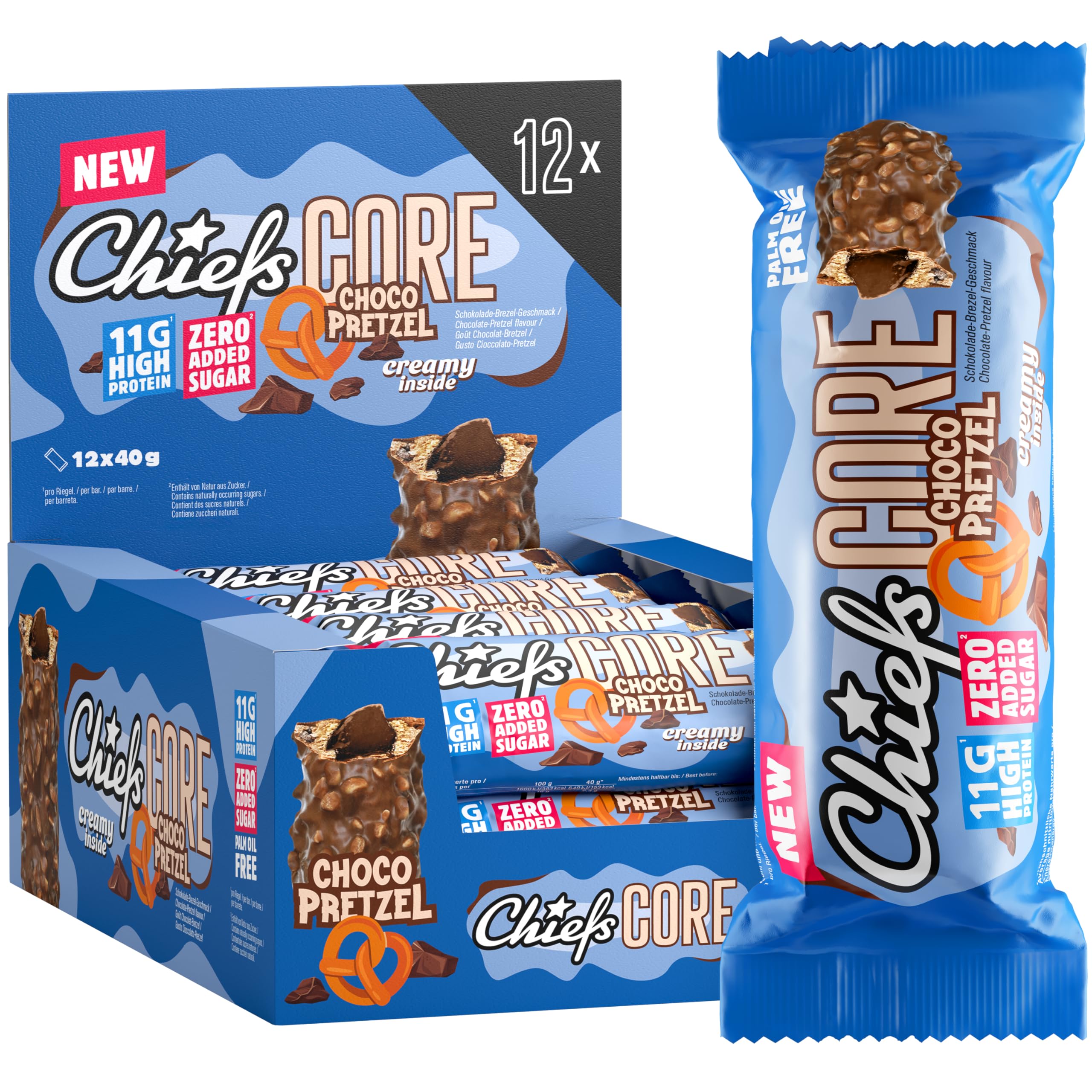 CHIEFS Creamy High Protein Riegel - süß-salziger Schokolade Brezel Geschmack - 12er Box - 11g Protein - perfekter Snack ohne Zuckerzusatz - kalorienarm & low sugar - Eiweißriegel ohne Palmöl