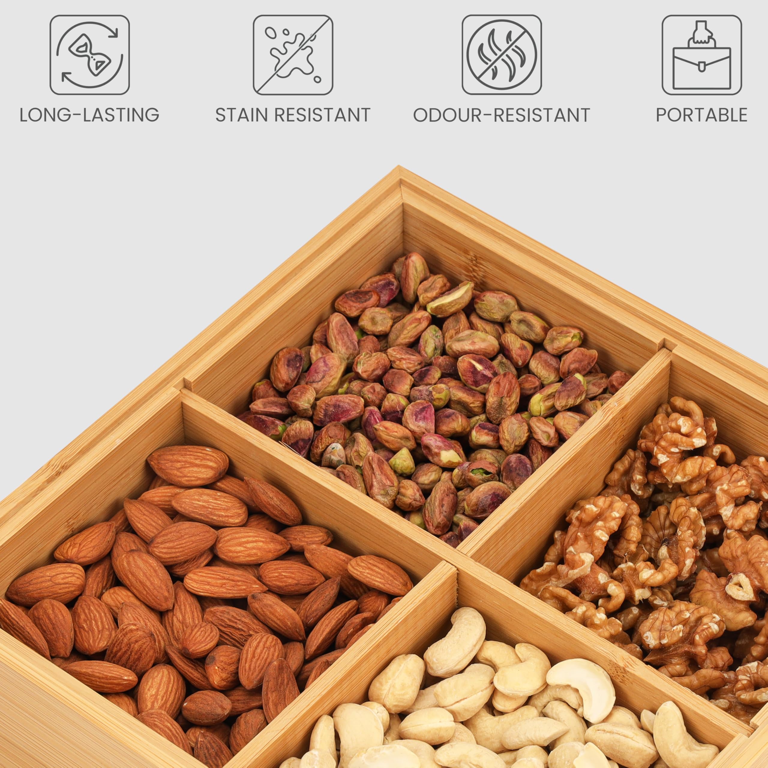 BELLE VOUS Carrée Bois Plateau de Service Avec Couvercle - Déco Boite Rangement avec 4 Compartiments & Couvercle - 22 x 22 cm - Polyvalente pour Sachets de Thé, Souvenirs, Bijoux & Loisirs Créatifs
