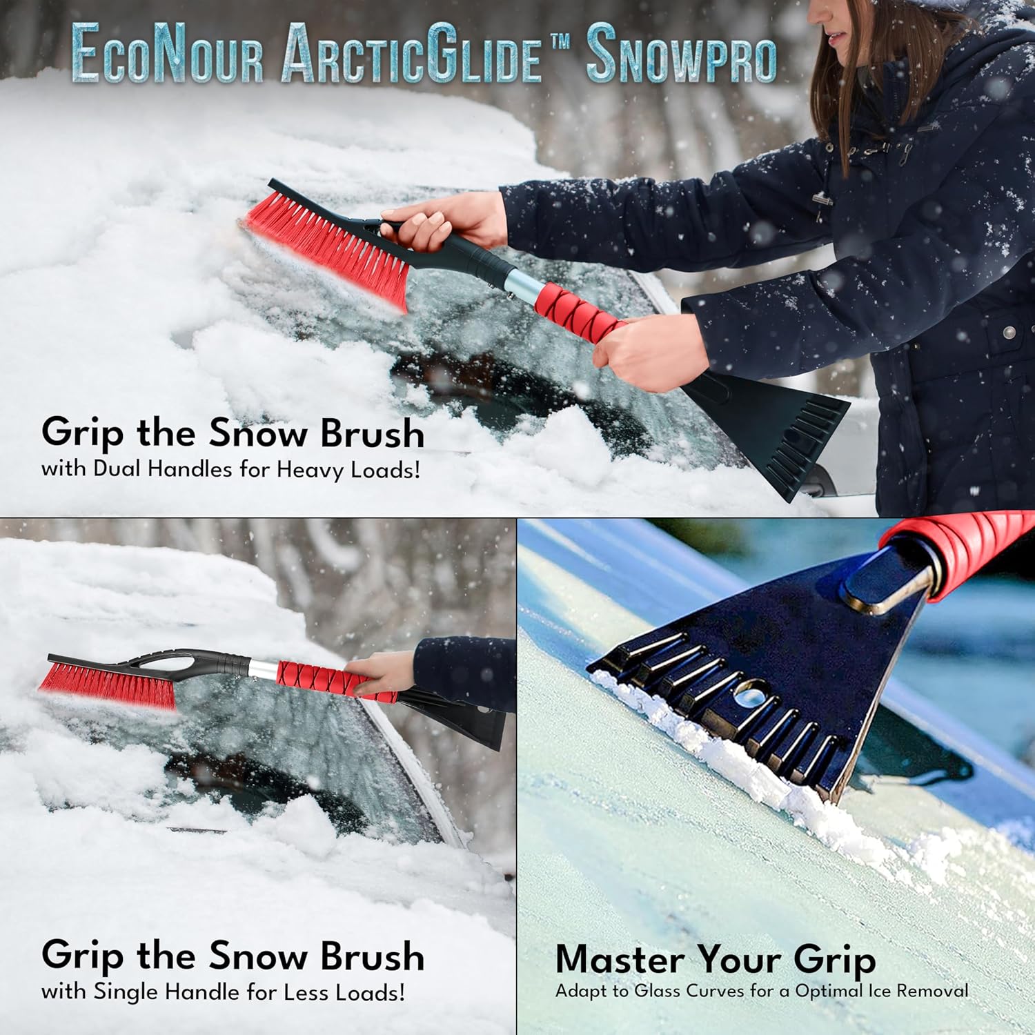 EcoNour 27" 3-in-1 Snow Brush & Ice Scraper (2 Pack) | 360° Rotatable Aluminum Brush with Ergonomic Foam Grip | Scratch-Free Winter Snow Removal Tools for Cars, SUVs & Trucks