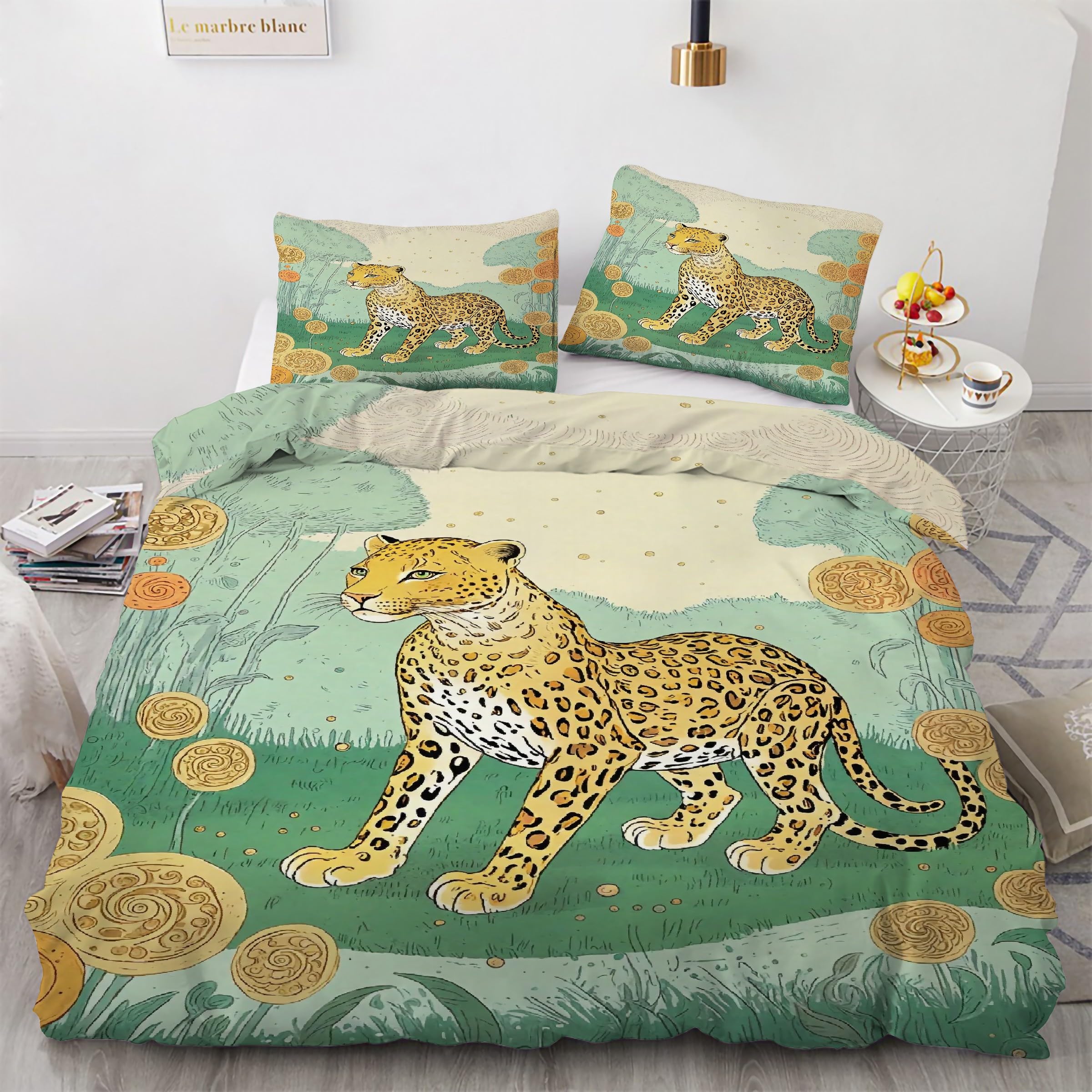Parure de lit 160x200 motif animal léopard housse de couette 3 pièces
